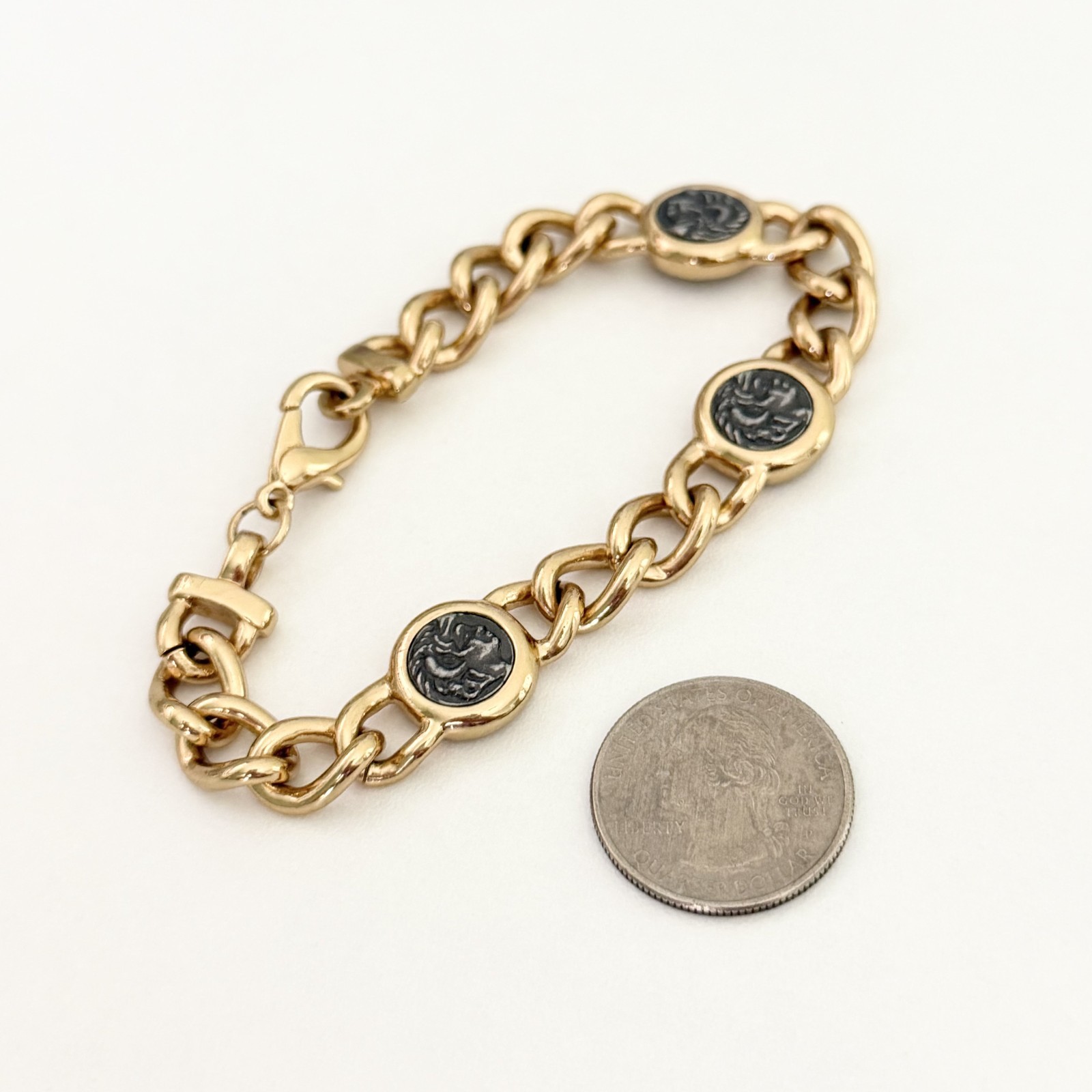 Vintage Gold Tone Silver Roman Coin Chunky Curb Chain Link Bracelet 7.5″