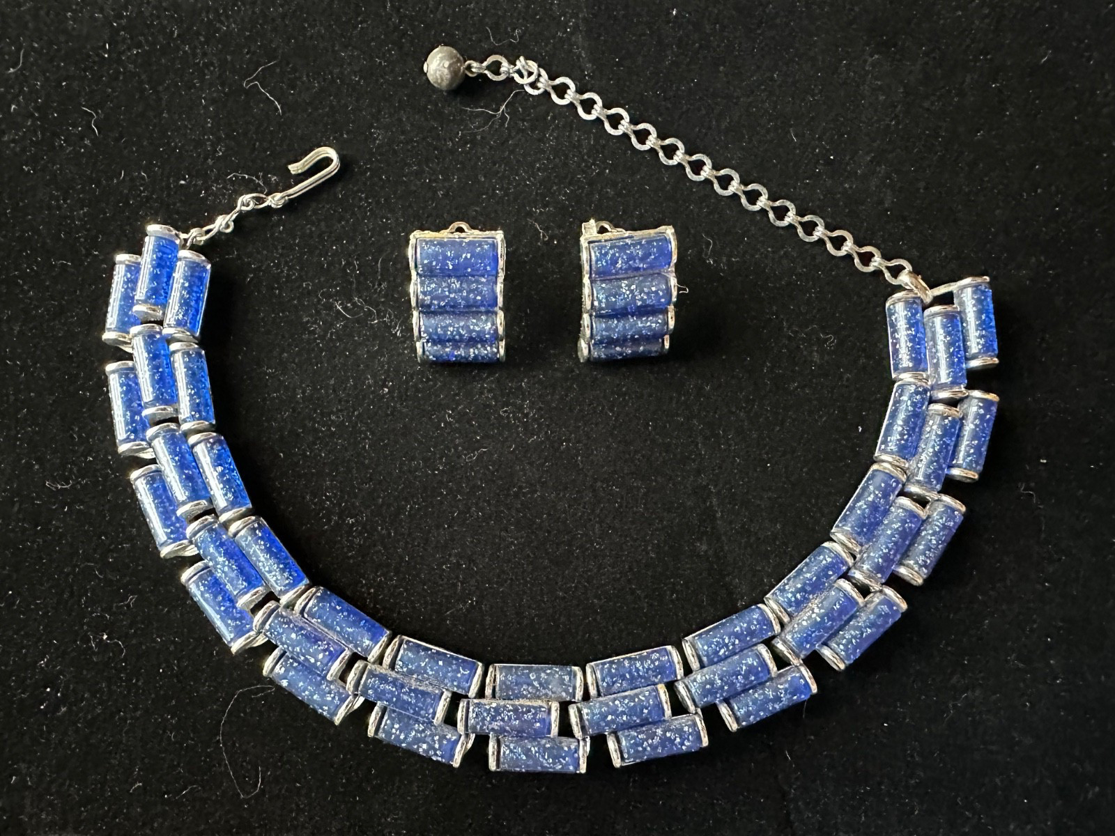 Vintage Signed Charel Blue Confetti Thermoset Lucite Necklace and Clip Earrings