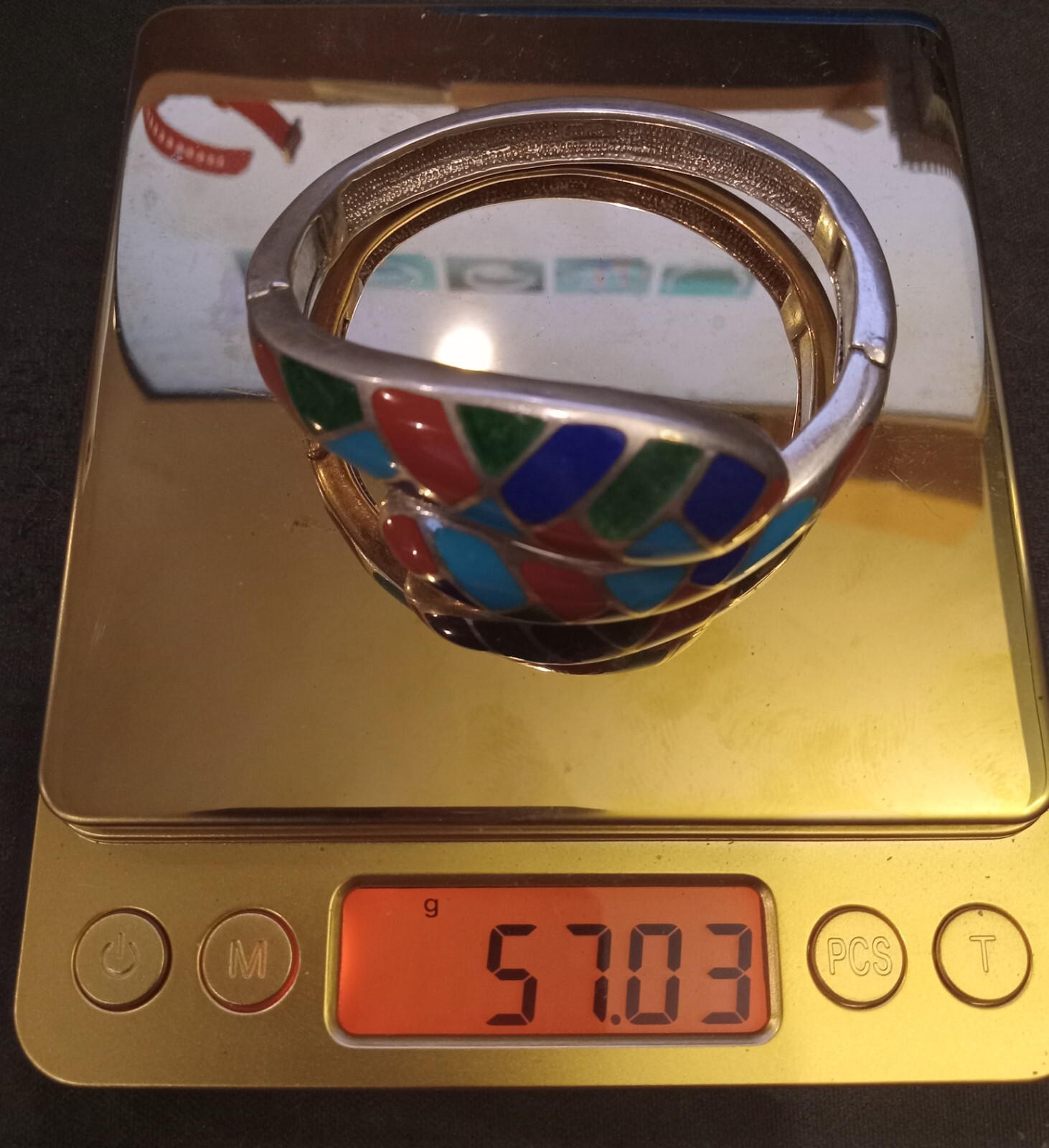 Estate Silver Double Hinged Bracelet: enamel inlay great colors