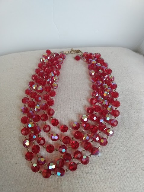 VTG Four Strand Red AB Faceted Glass Beaded Necklace