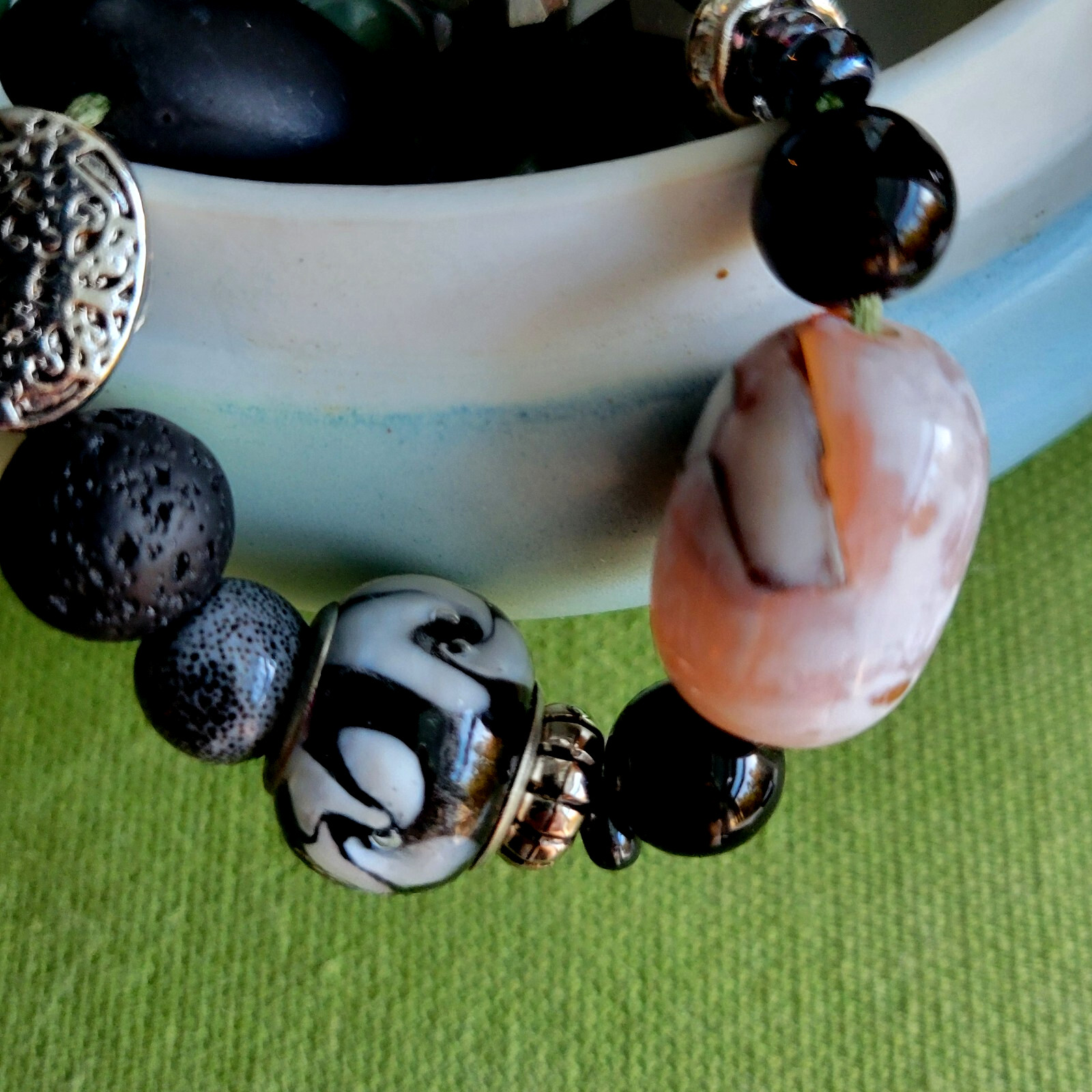 30″ necklace, rich green jadeite, black lava stone, lamp work, agate, silver.