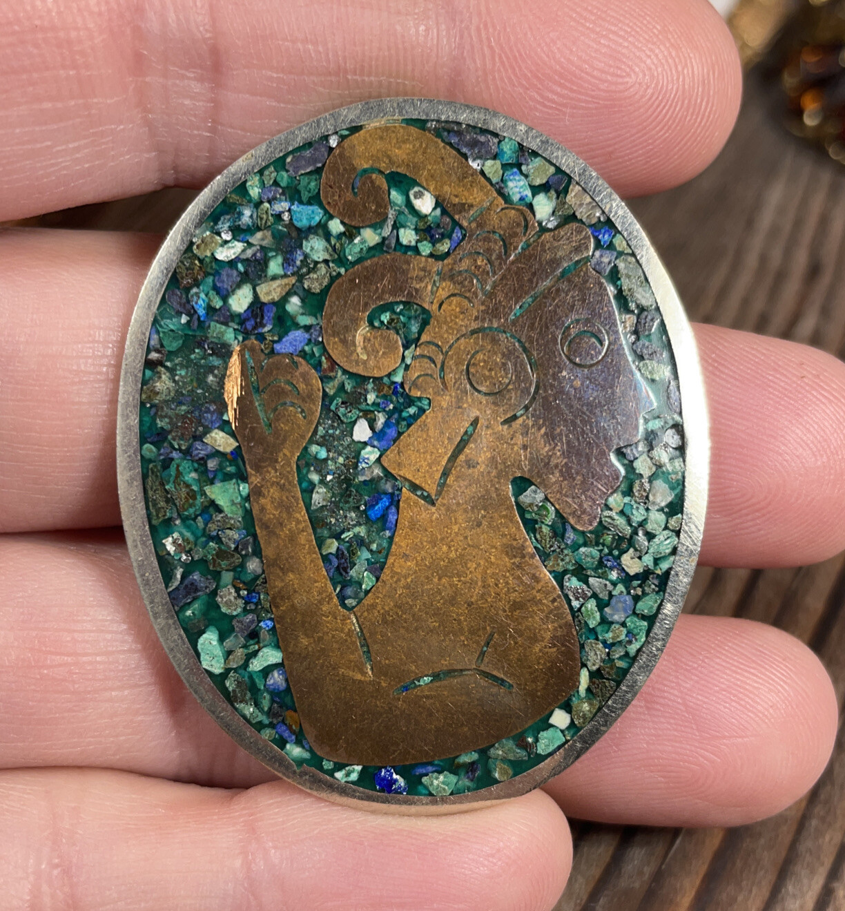 Alpaca Mexico Pendant Stone Chip Inlay Silver Brass Copper Tone Ram Warrior