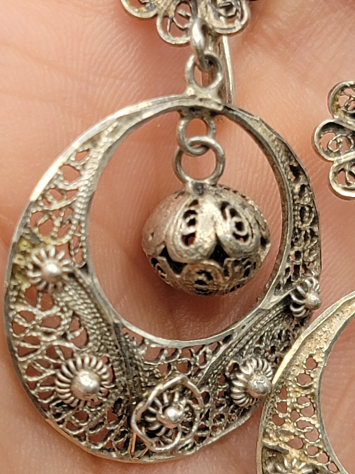 833 Silver Filigree Drop Earrings Turquoise Accent Dangle Vintage Ethnic