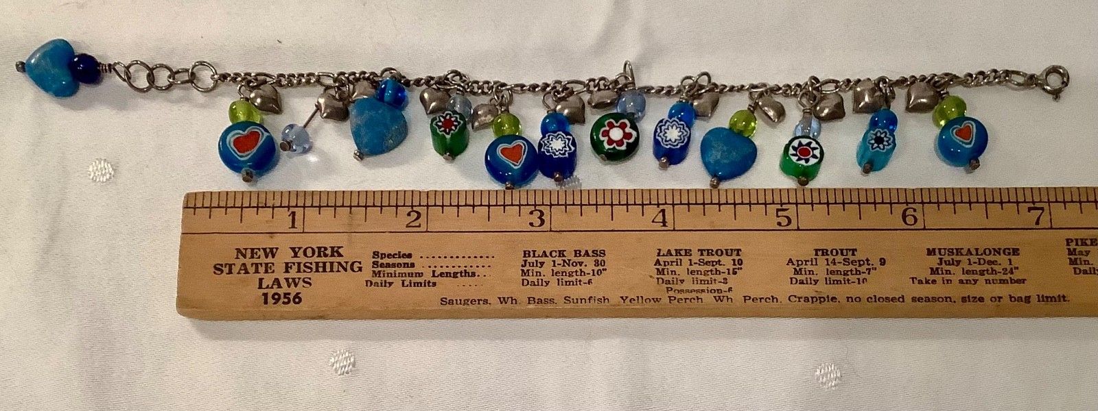 Vintage Sterling Charm Bracelet Puffed Hearts Millefiori Glass Hearts & Flowers