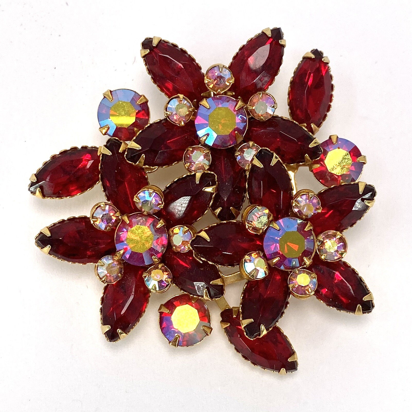 Vintage Red AB Crystals Prong Set Brooch Pin
