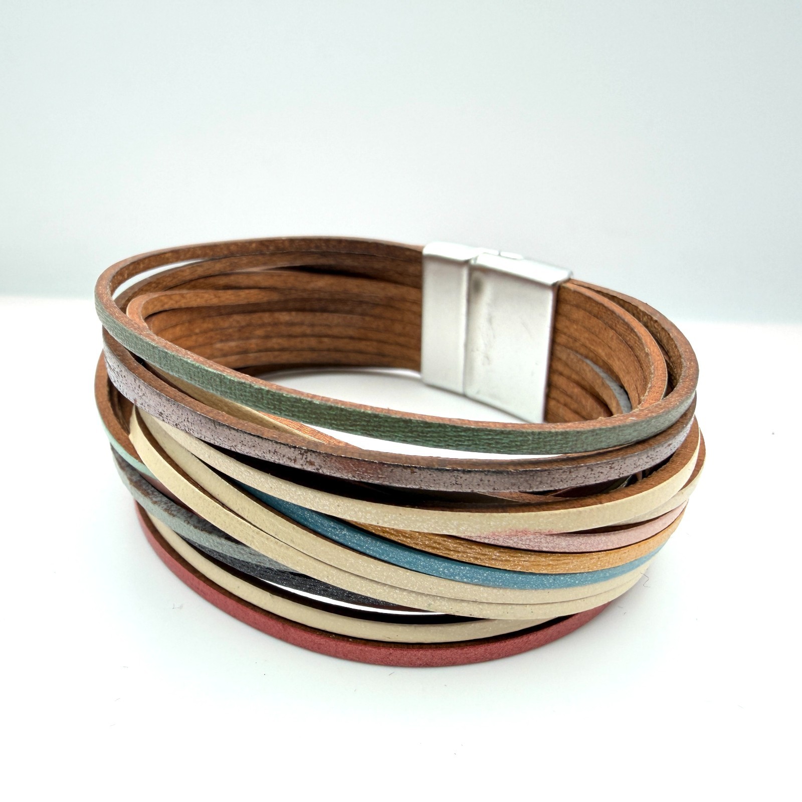 Vintage Multi Strand Leather Wrap Cuff Bracelet Magnetic Clasp Boho Multicolor