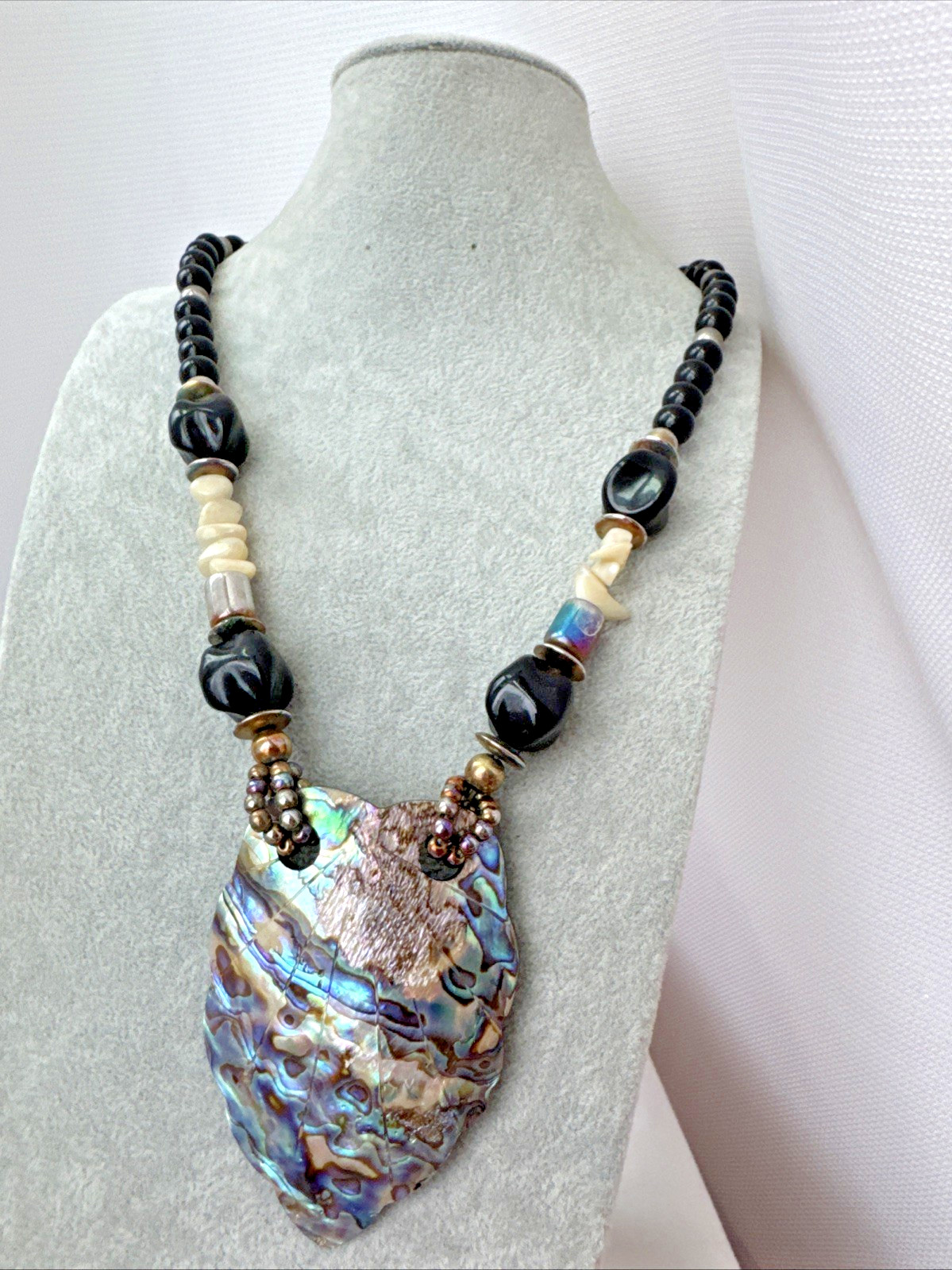 WOW Brutalist Modernist statement Necklace Jewelry VTG Goth shell Witchy Abalone
