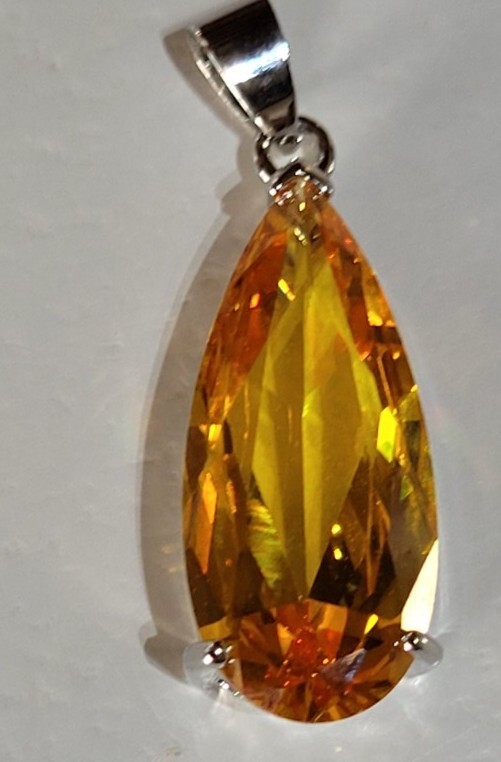 35mm Faceted Silver Lab Created Cubic Zirconia Citrine Colour Silvertone Pendant