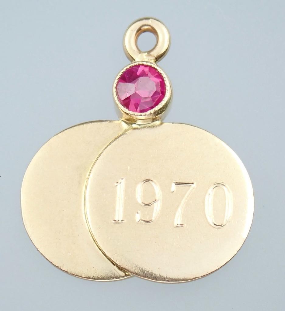 Pretty Vintage Solid 14K Gold Lab Created Ruby Medallions ‘1970’ Charm Pendant