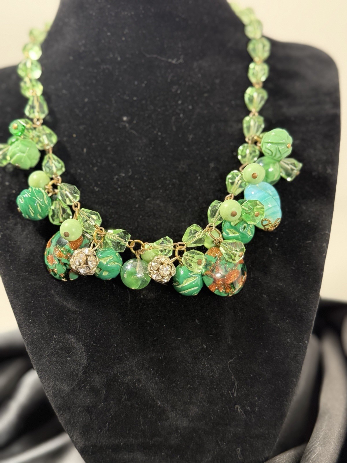 Stunning Vintage Green Bauble Faceted Czech Glass Necklace 16”