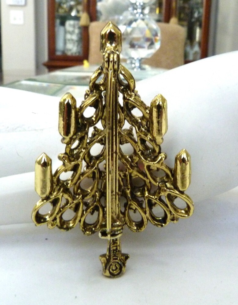 VINTAGE HOLLYCRAFT MCM CANDLES RED GREEN RHINESTONE ORNAMENTS CHRISTMAS TREE PIN