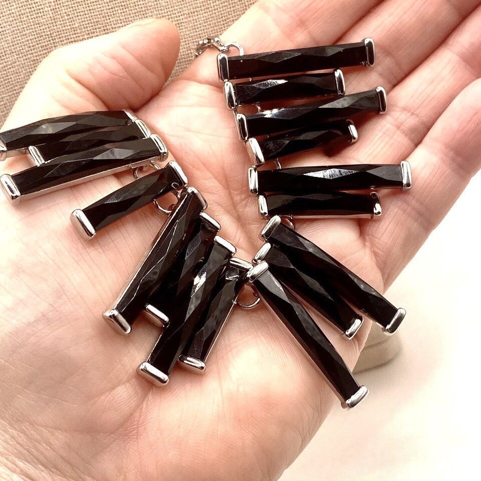 Vtg WHBM Silvertone Necklace Choker Bib Black Steam Punk Boho Gothic Retro G