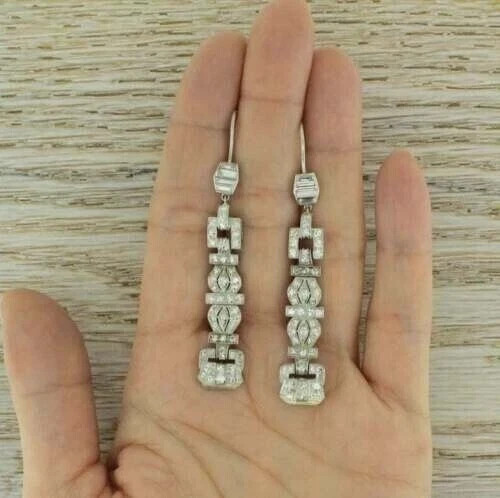 5.3Ct Art Deco Style Lab Diamond Birthday Drop Dangle 14k White Gold Earring Set