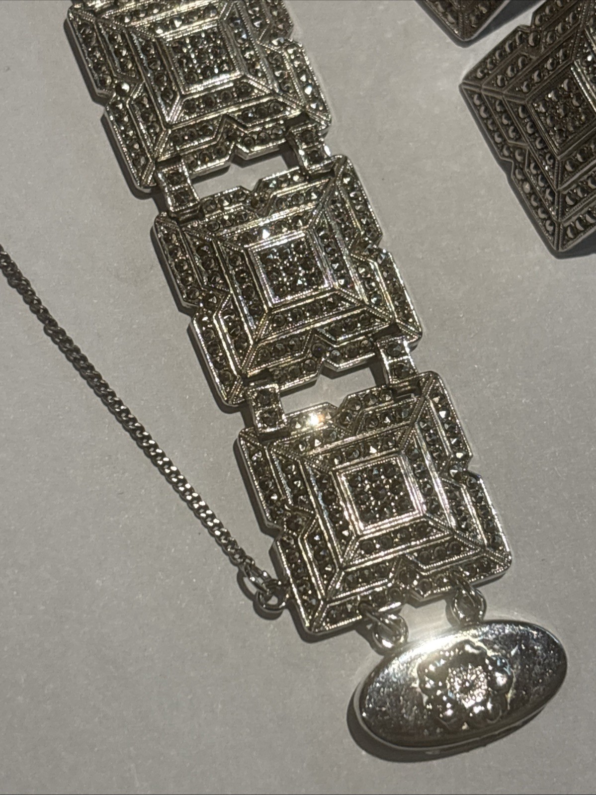 Vintage Art Deco Sterling Marcasite Bracelet & Ring & Earrings Set 64 Grams