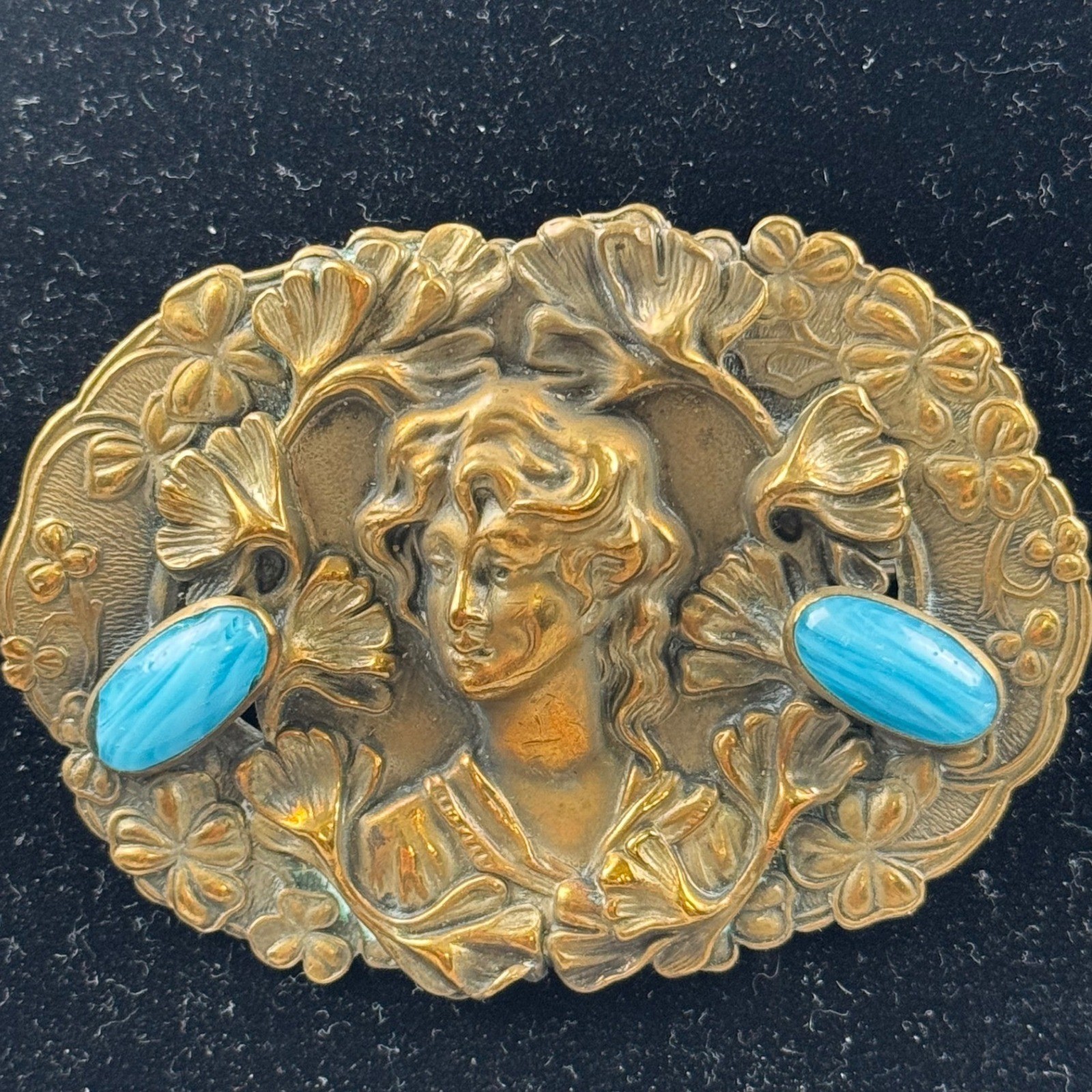 VTG Art Nouveau Revival Repousse Maiden Sash Pin Brooch Ginkgo Faux Turquoise