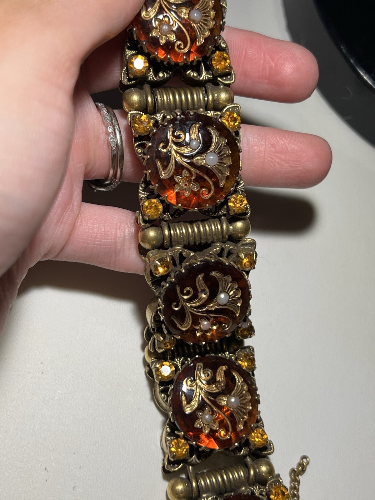 Vintage Chunky Brass Amber & Pearl Lucite Panel Bracelet Size 6.25