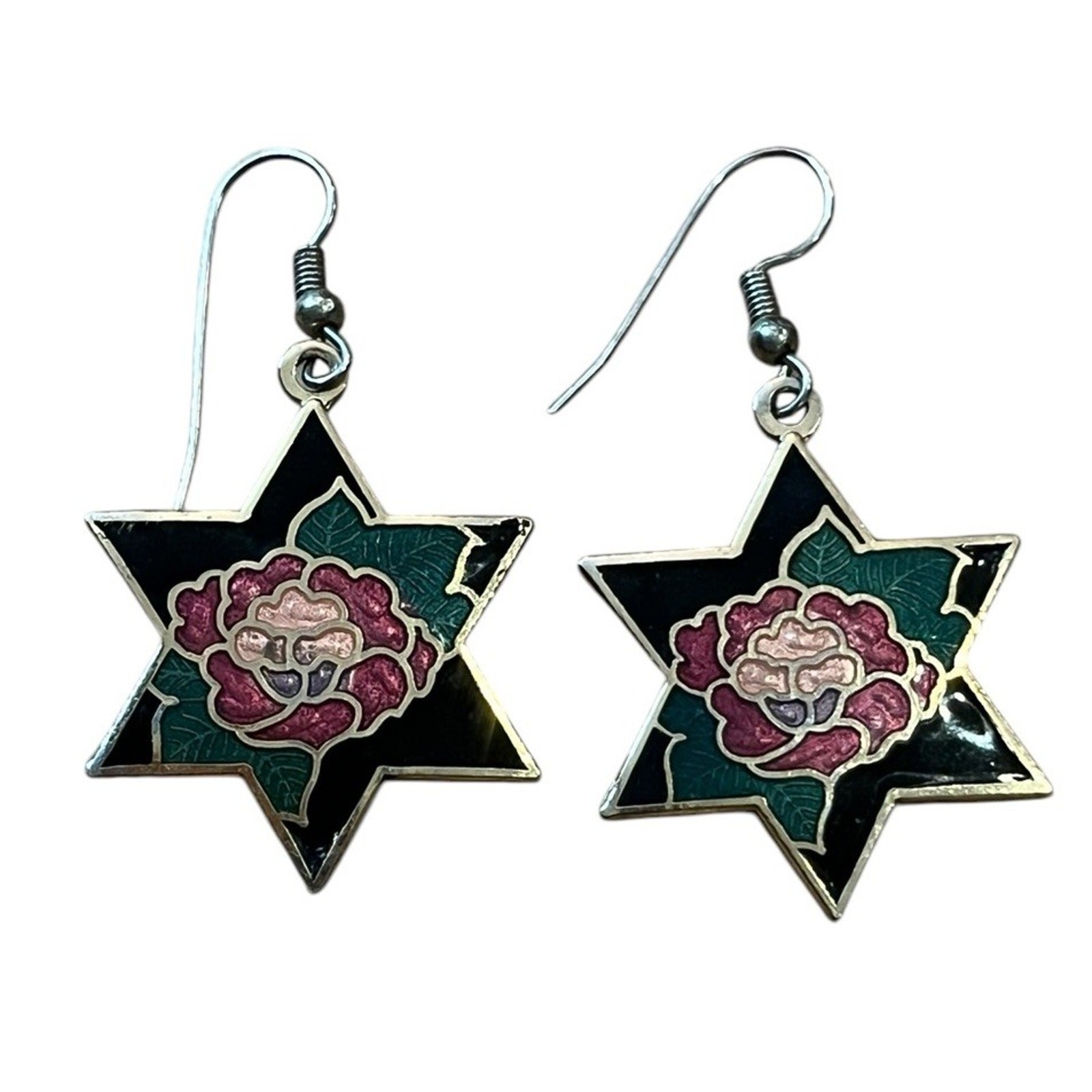 VTG Cloisonné Enamel Earrings Stars Black Roses 1 7/8” Gold Colored Metal 1980s