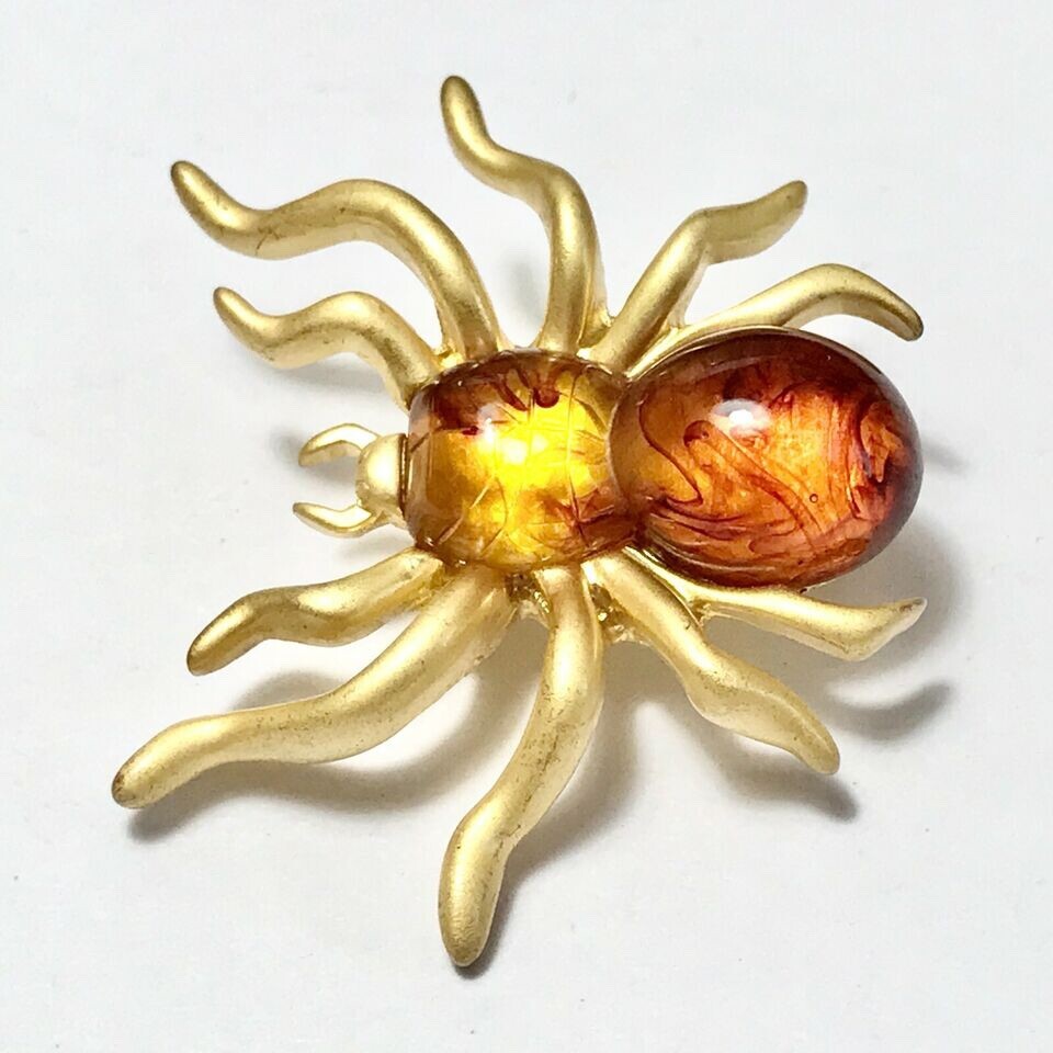 Vintage Honey Amber Spider Pin Brooch Insect Halloween Simulated Gold Plated
