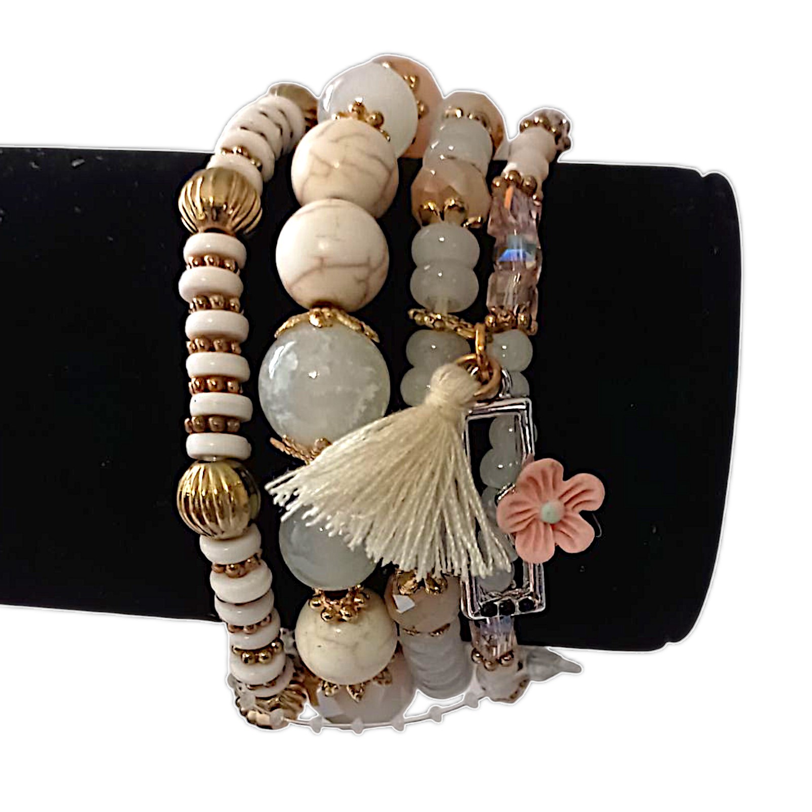 Y2K Multi Strand Beaded Bracelet Glass Stacked Floral Neutrals Fairy Indie Boho