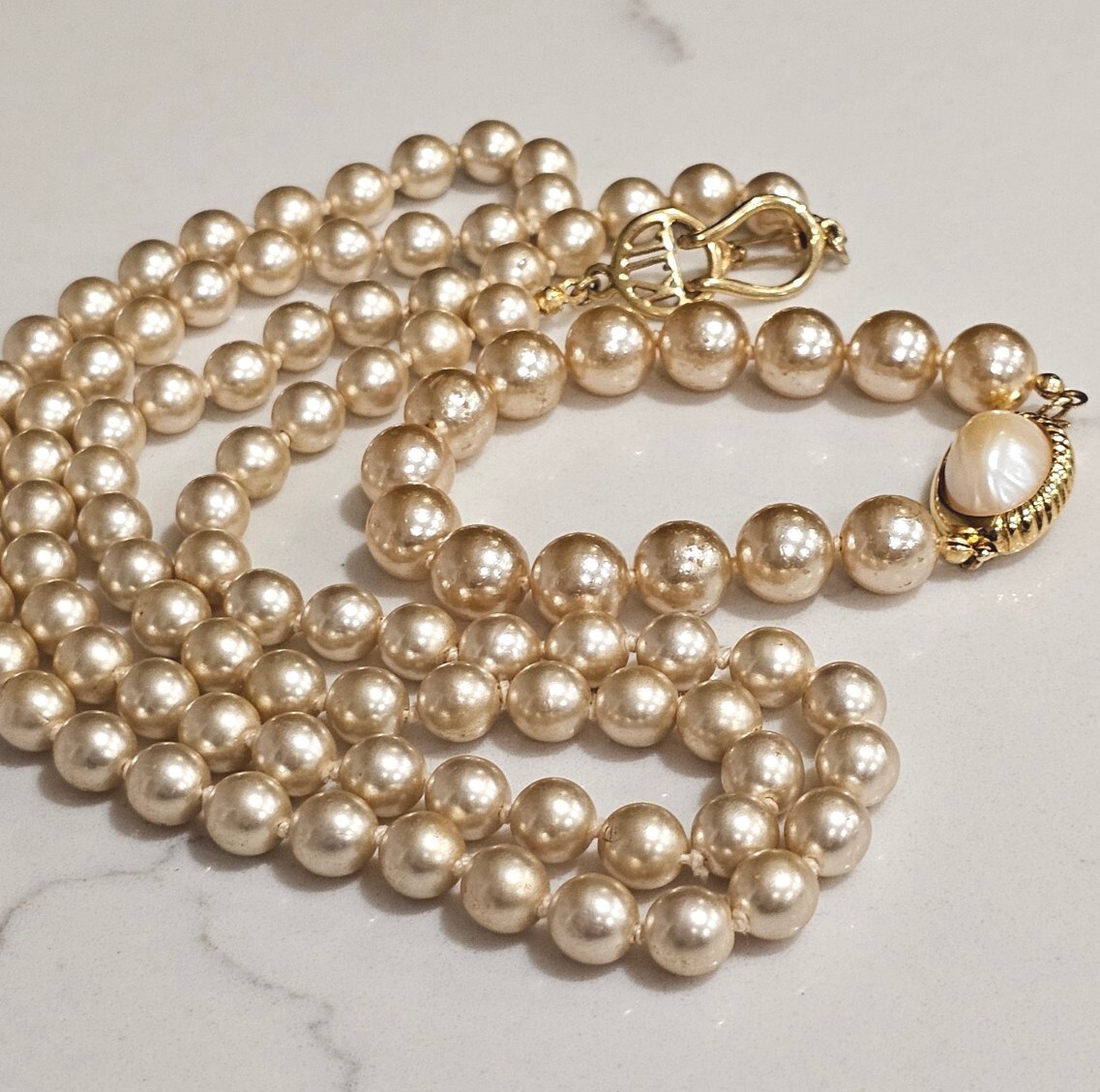 Kenneth J Lane Vintage Signed Faux Pearl Gold Filled Necklace with Bracelet Set