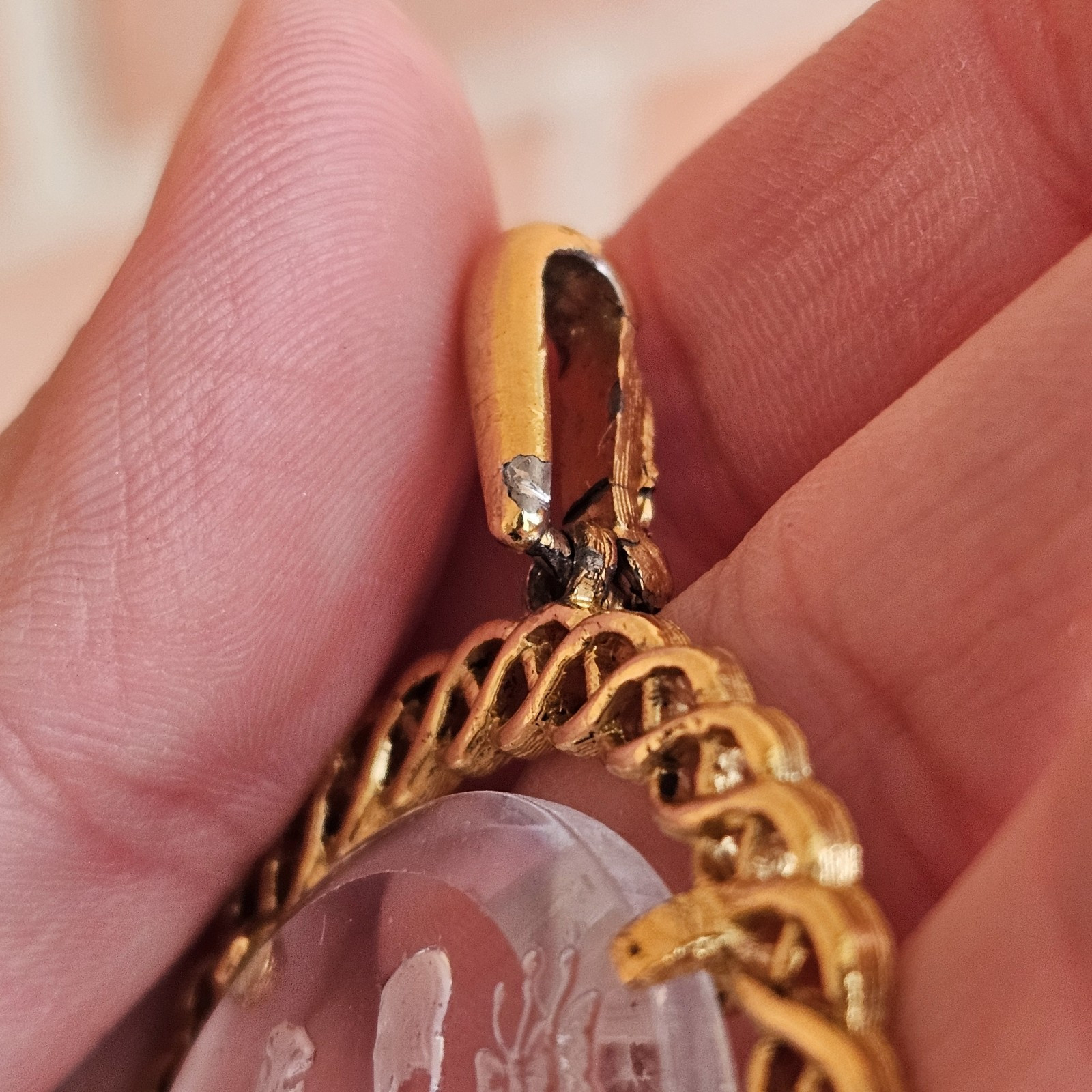 Vtg CROWN TRIFARI Carved Glass Intaglio Cameo Pendant Only Girl Flowers READ