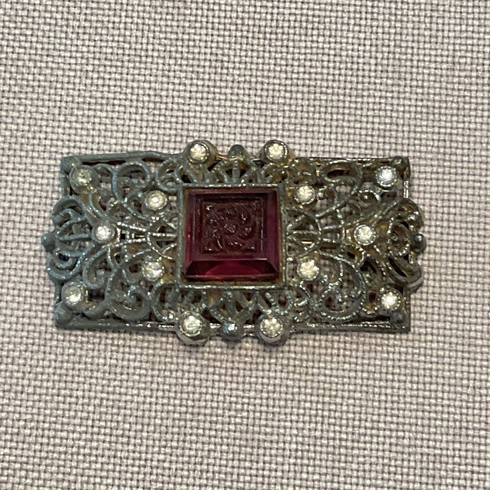 Vintage Brooch Pin Original 1930s 40 Filligree Silver Tone Intaglio Stone Flower
