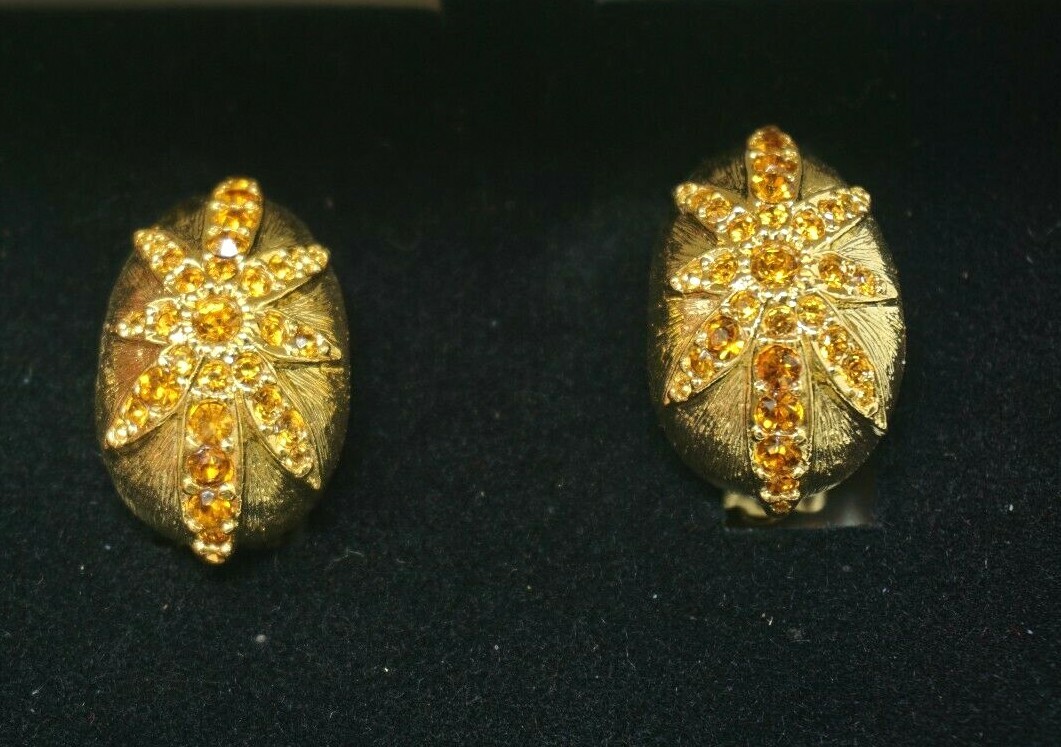 Daniel de Fasson Yellow Rhinestone Gold Tone Earrings Clip On Star Sunburst