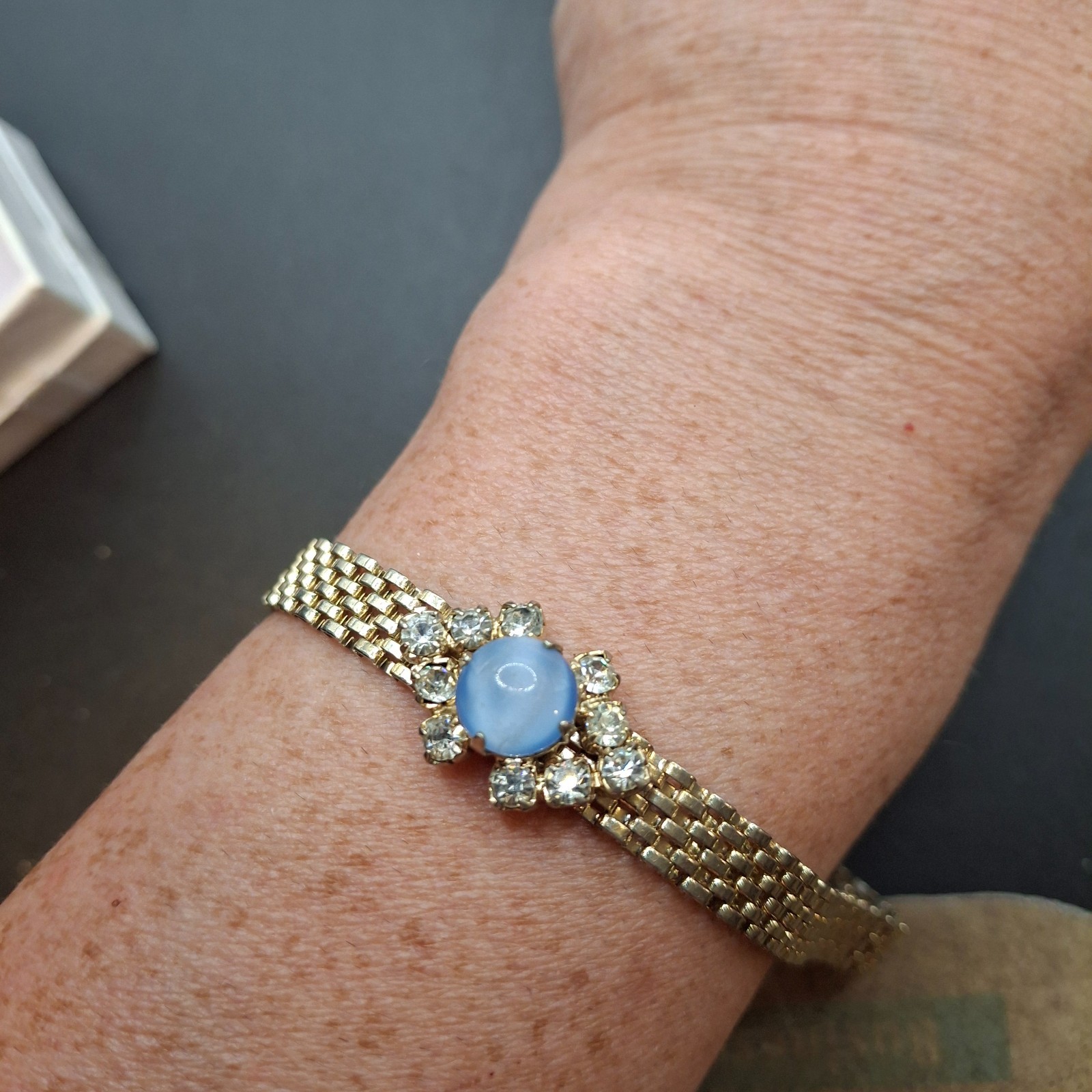Vintage Gold Tone Mesh Bracelet Blue Moonstone Faux Cabochon Repair As Is Retro