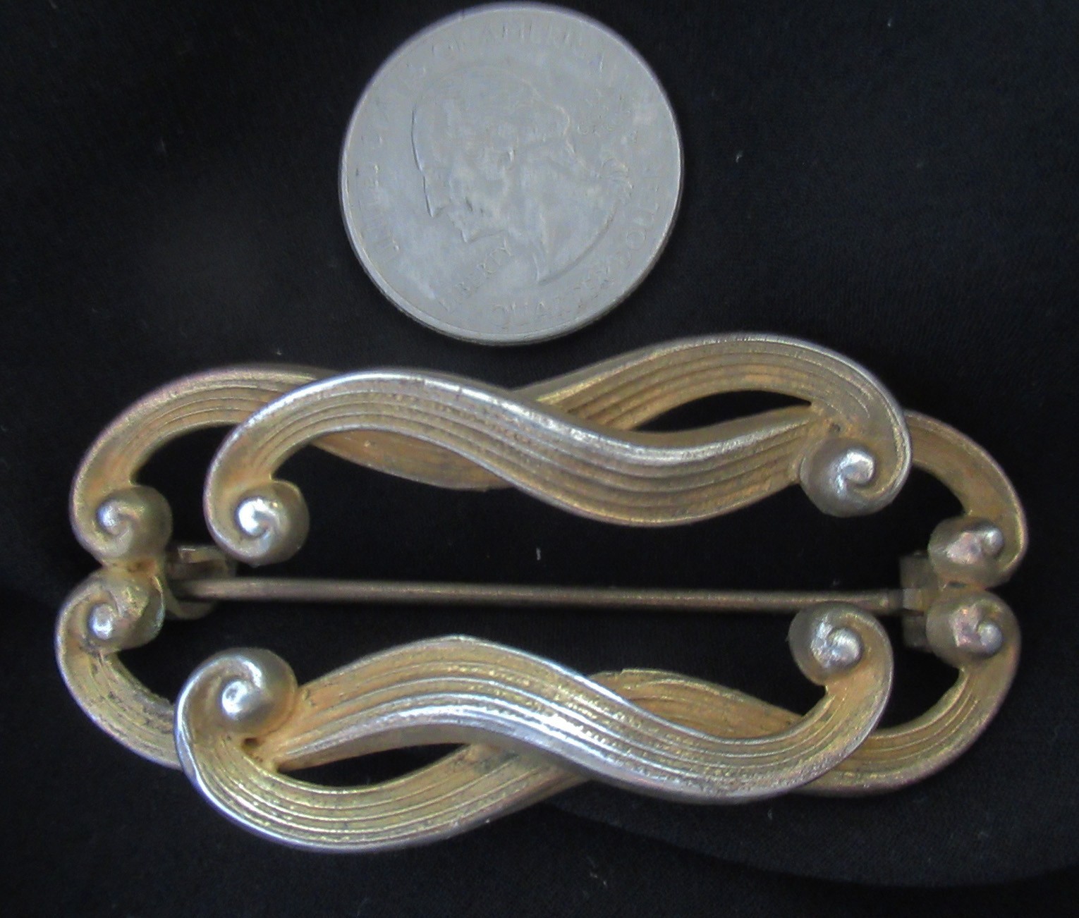 ANTIQUE WILLIAM KERR STERLING BROOCH w GOLD WASH, 2 1/2 INCHES