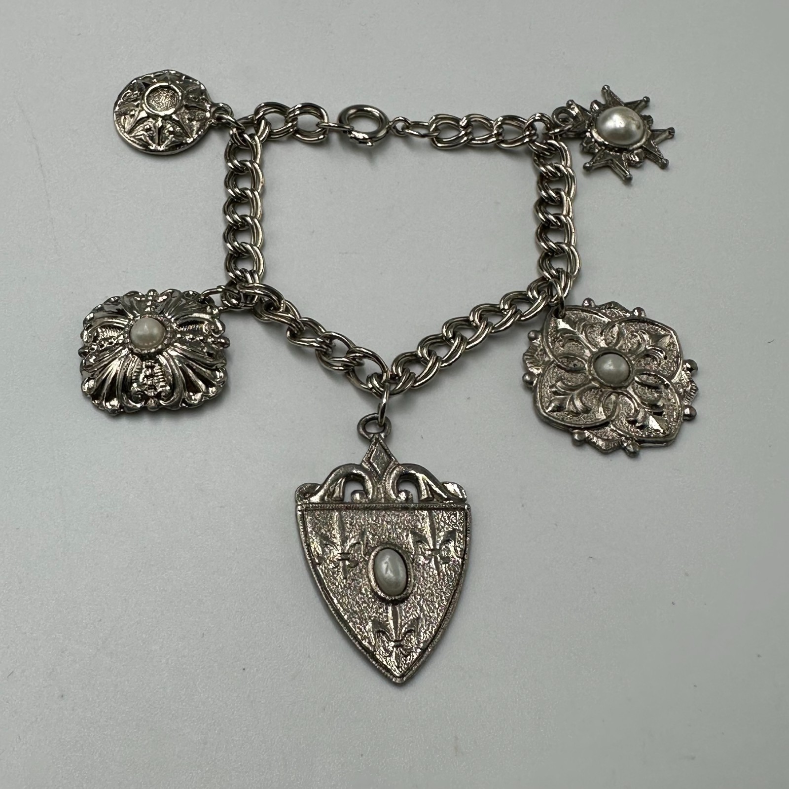 Vintage Charm Bracelet Silver Tone Filigree Embossed Faux Pearl Dangle Shields