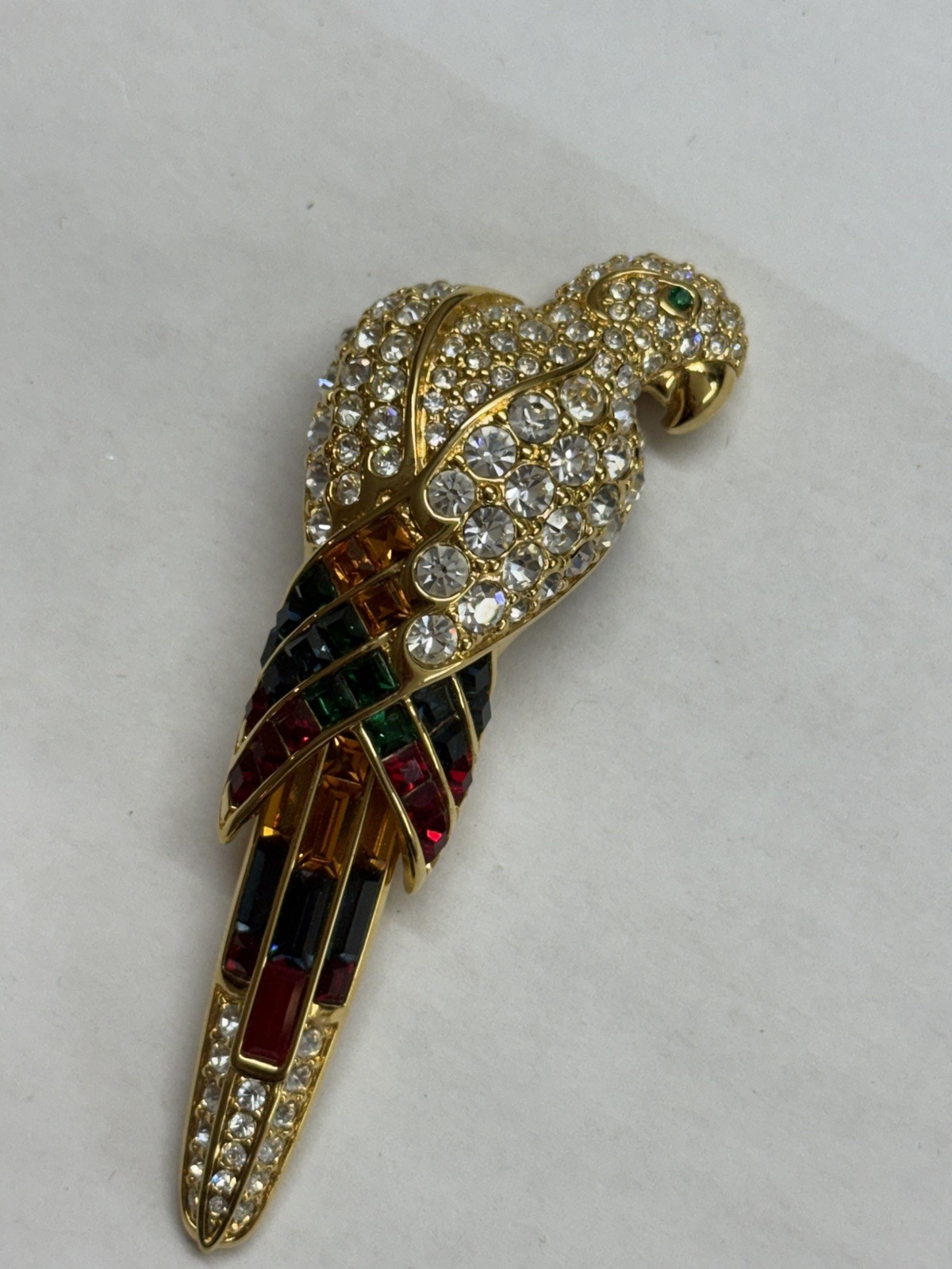 Vintage Nolan Miller Gold Tone Parrot Multi Color Crystal Brooch Pin