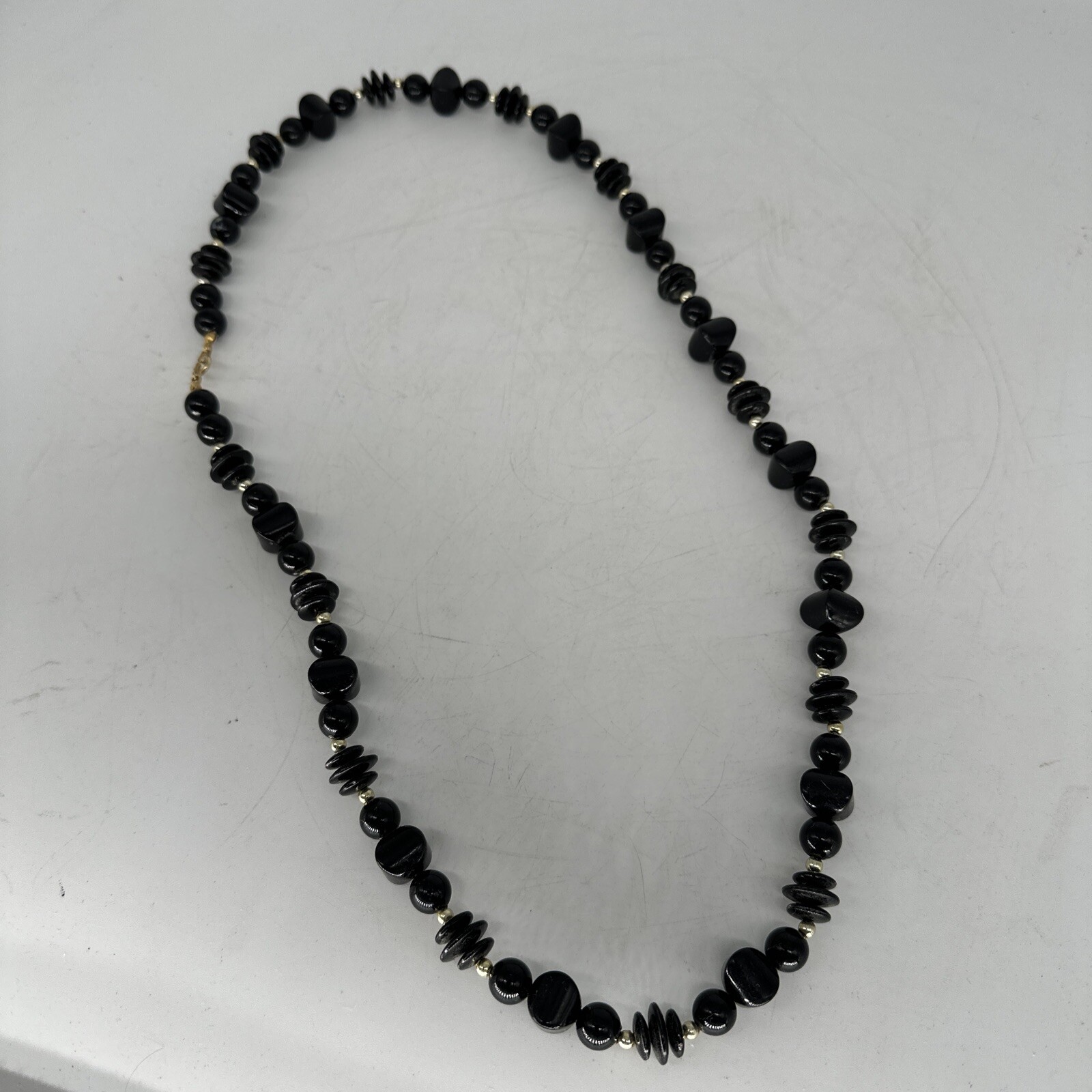 Vintage black irregular plastic bead with silver tone spacers 28″ necklace
