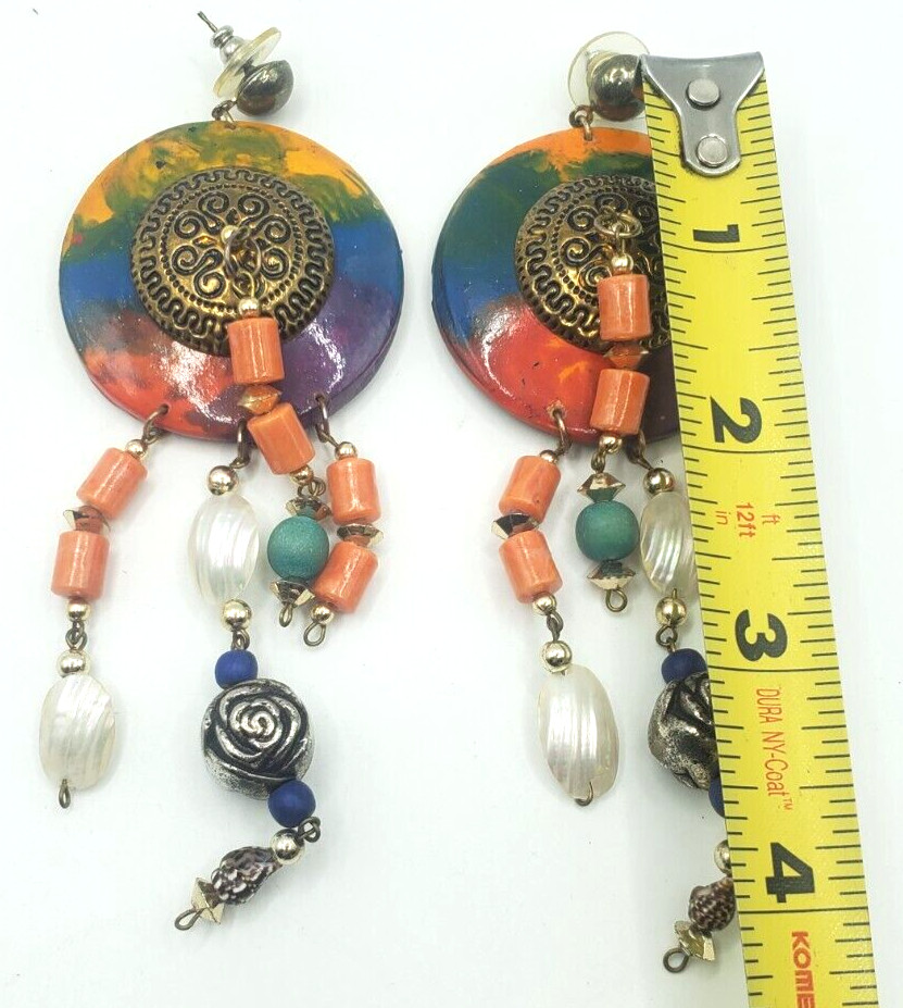 Vintage Pierced Earrings Wood an Copper tone Multi Beads One White Missing