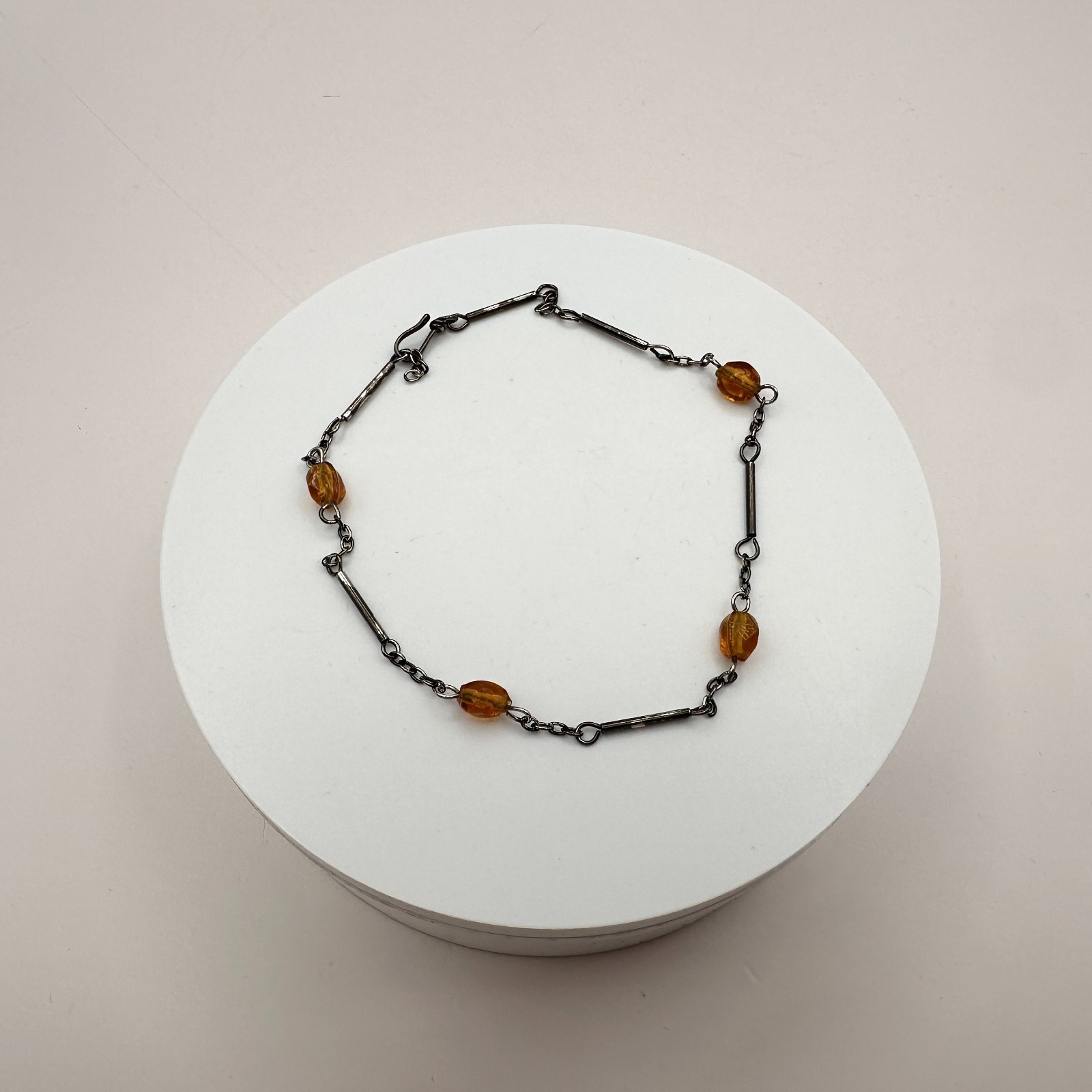Vintage 90s Amber Beaded Bar Link Chain Bracelet Bronze Tone Women’s Jewelry