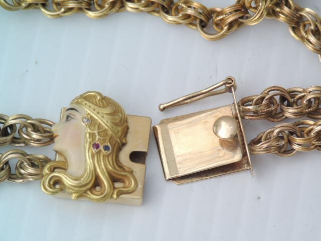 RARE ART NOUVEAU 14K GOLD ENAMEL JEWEL FACE DOUBLE CHAIN BRACELET 7 3/4 “