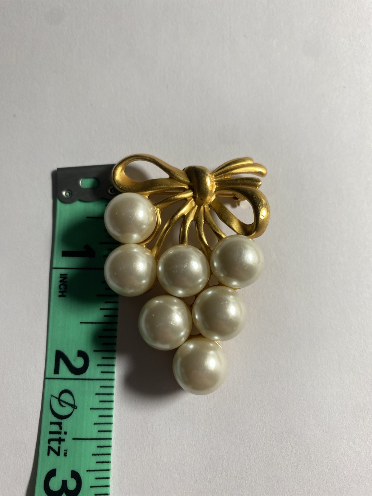 Vintage Gold Bunch of Grapes Brooch with Faux Pearls and Bow