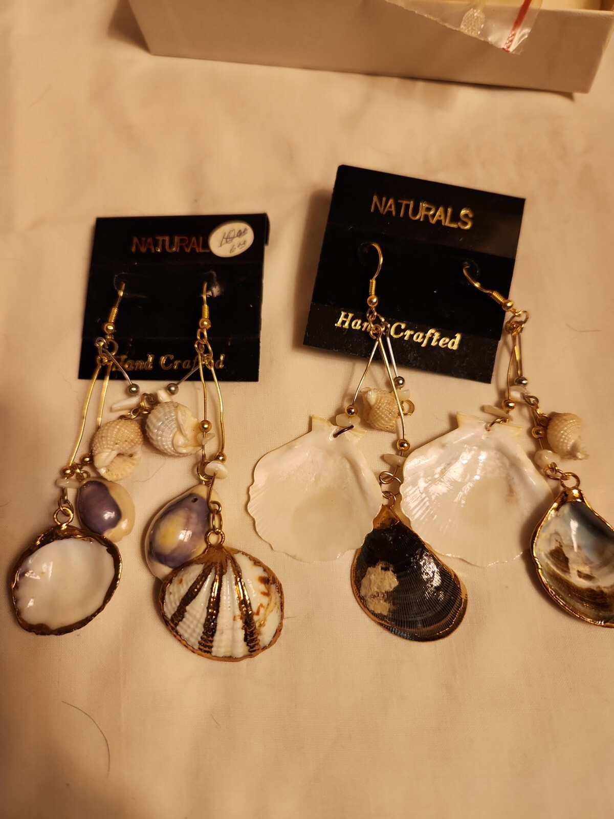 Vtg Sea shell pendant gold trim foil natural estate Lot 4″Dangle Earring Jewelry
