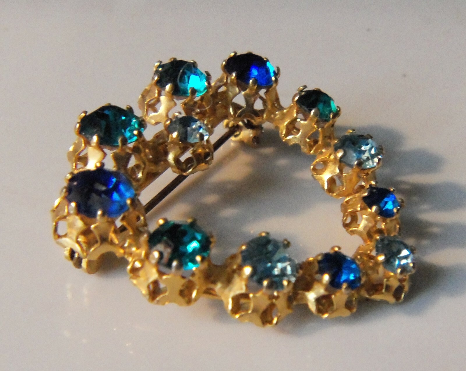Signed AUSTRIA Light/Dark/Teal Blue Crystal Rhinestone Heart Pin