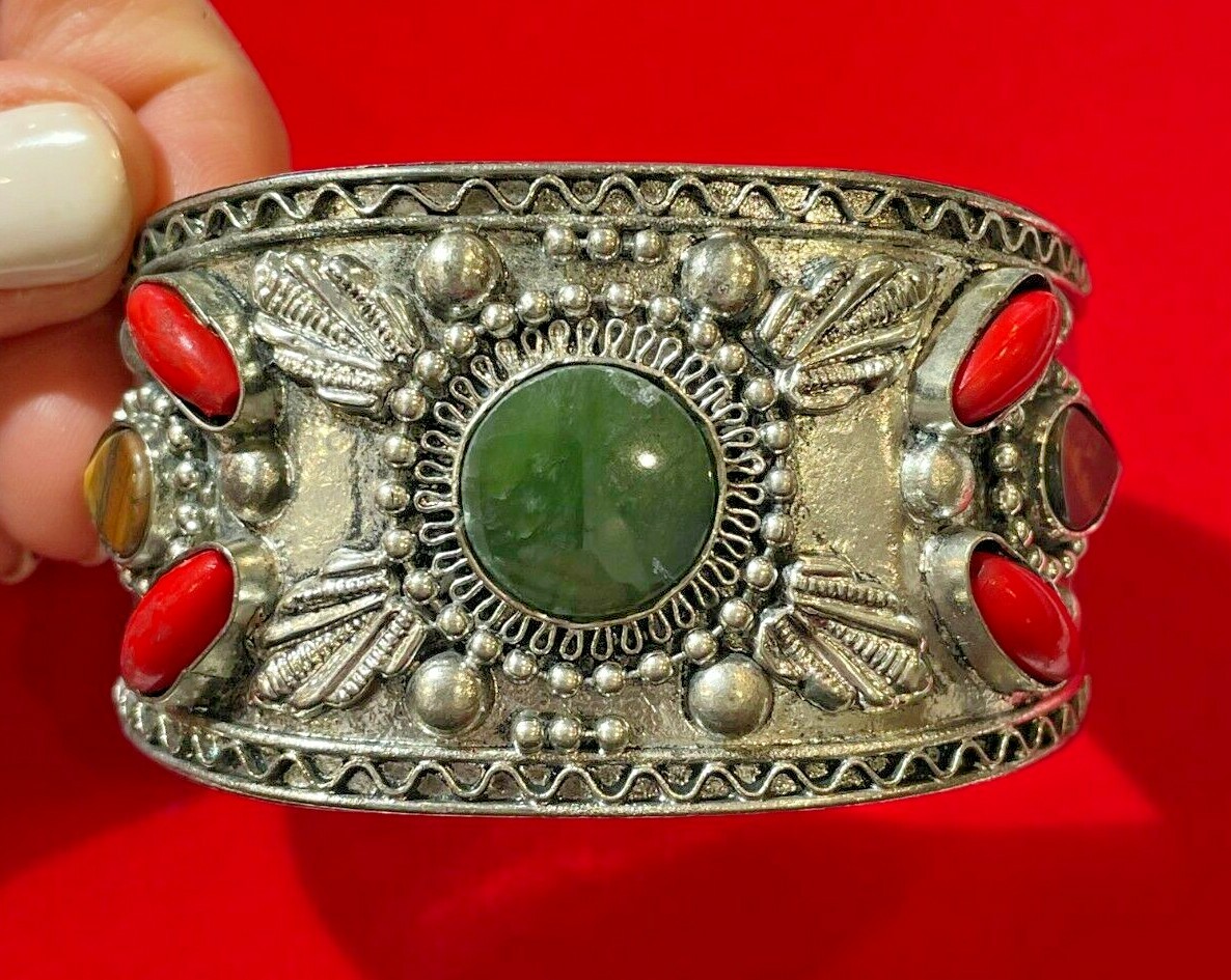 Vintag Chunky Ethnic Silver Tone Etched Tigers Eye Jade Cuff Bangle Bracelet DC2