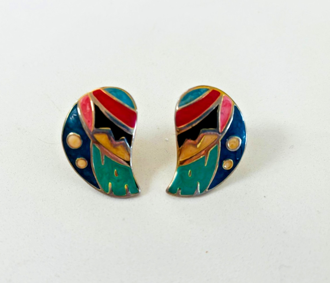 Vintage Fernando Originals F.O. Enamel Clip-On Earrings Abstract 80s Gold Tone