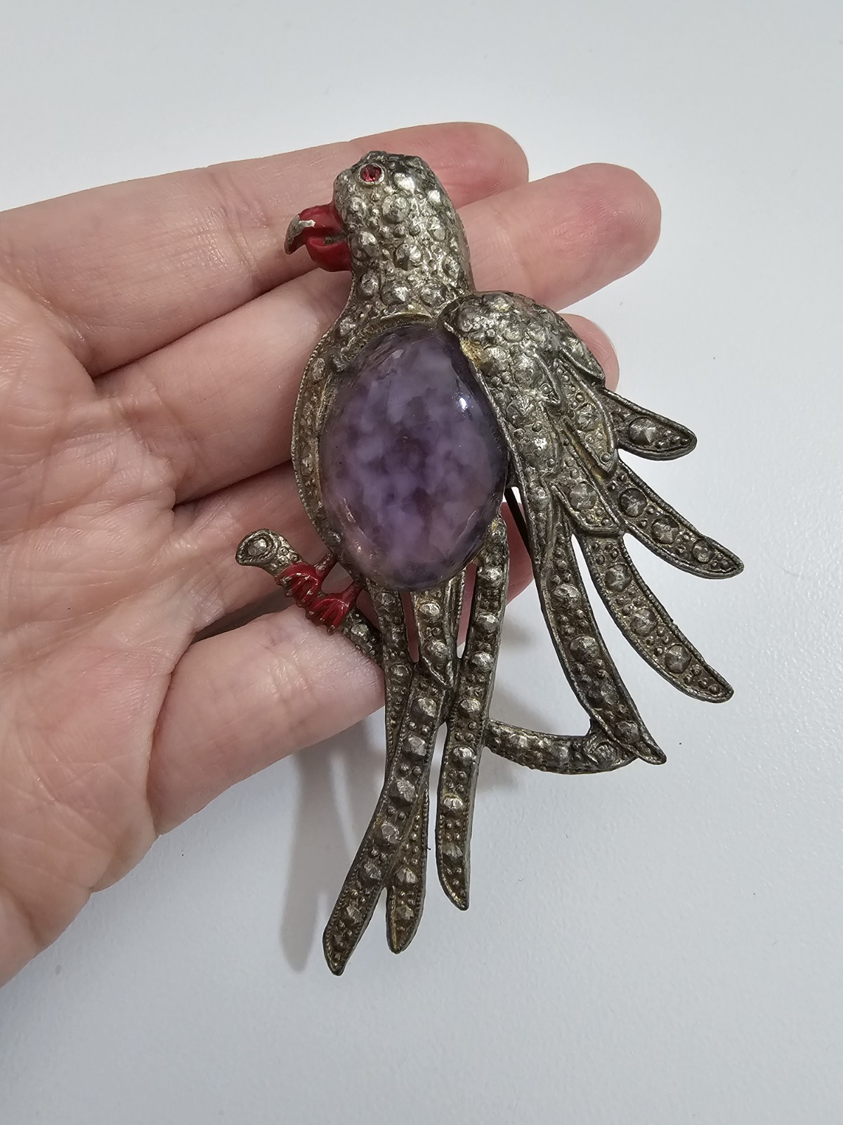 Vintage Pot Metal Jelly Belly Purple Lucite Parrot Brooch Silvertone Rhinestone