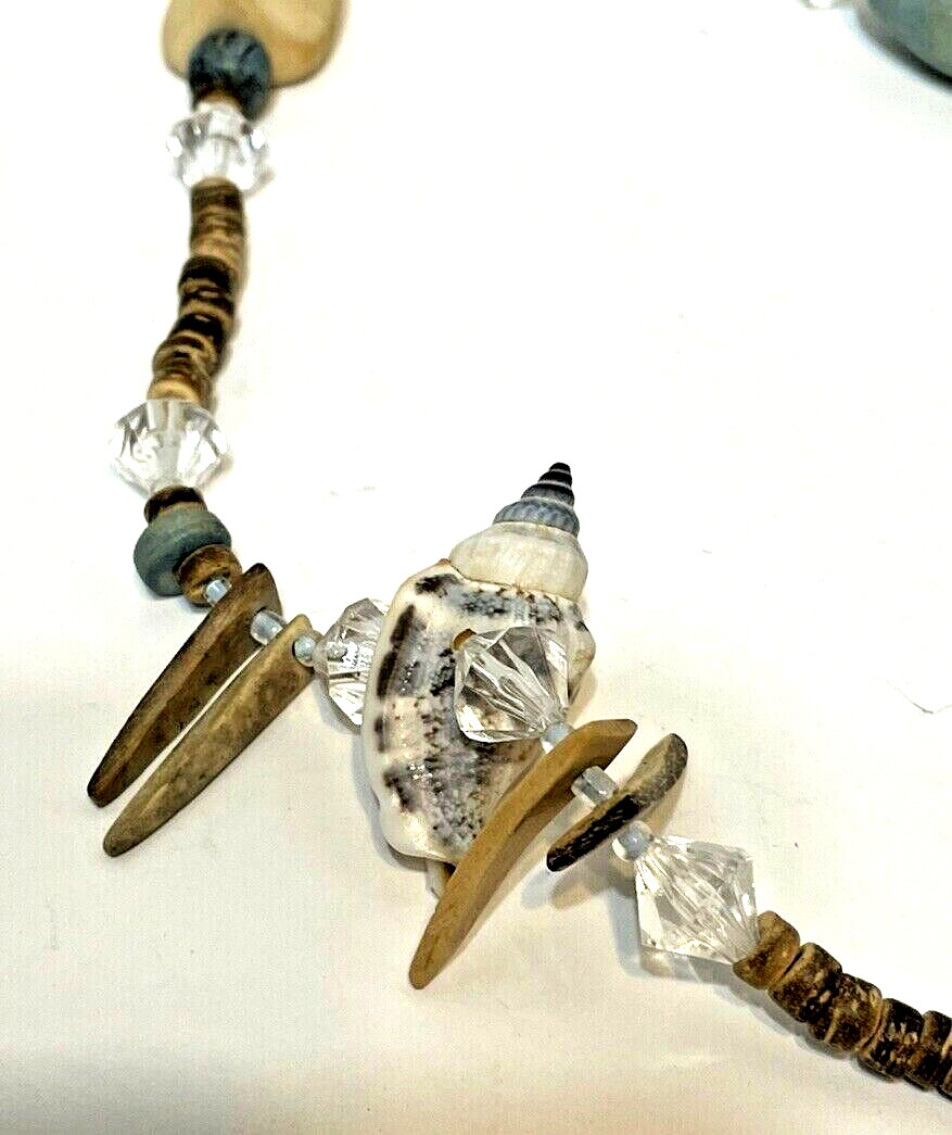 Womens Necklace Wood and Glass Beads Shells Slip Over 27 Inches Multicolor