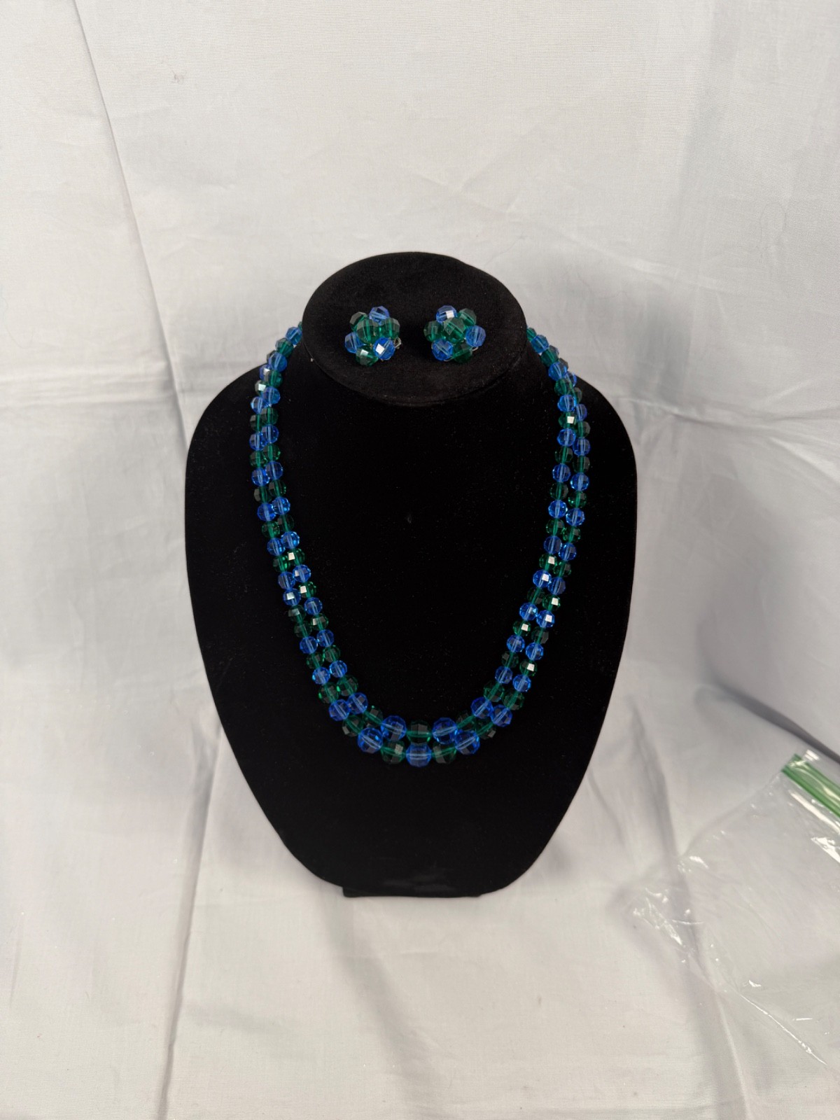 Vintage Blue & Green Faceted Glass Beaded Necklace Clip Earrings Set
