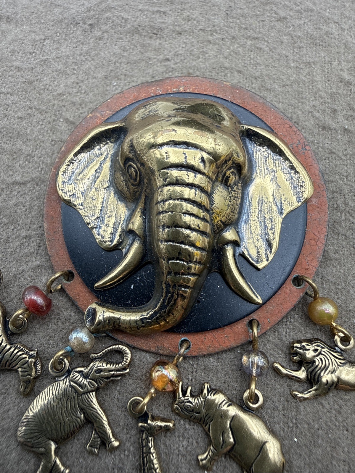 Vintage Safari Pin Gold Tone Dangle Animal Charms Brooch Pin
