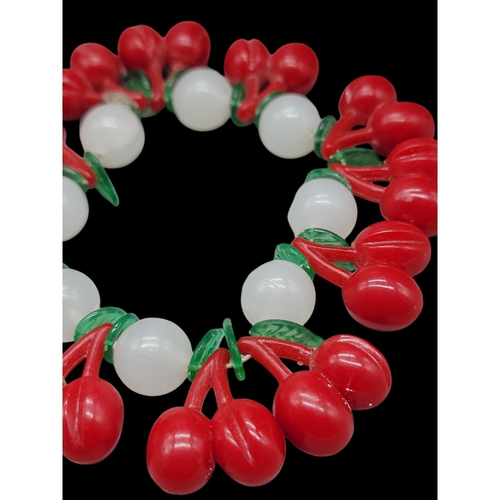 Lucite Cherry 34″ Necklace & 7″ Stretch Bracelet Red Cherries Translucent Beads