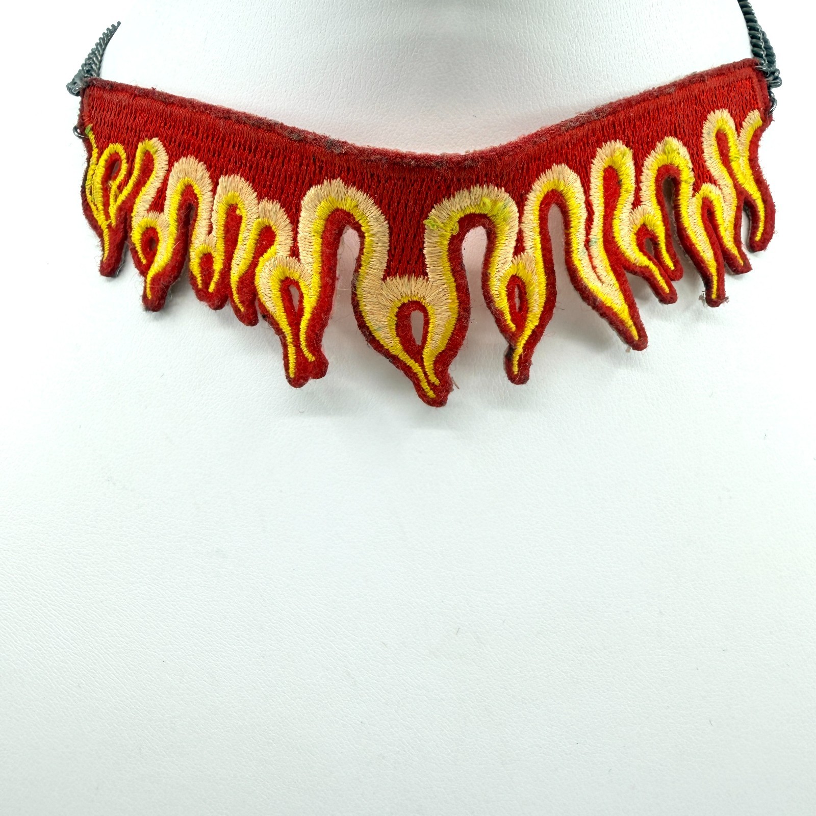 Vintage Flame Choker Necklace Embroidered Fabric Patch Fire Red Gunmetal Y2K 90s