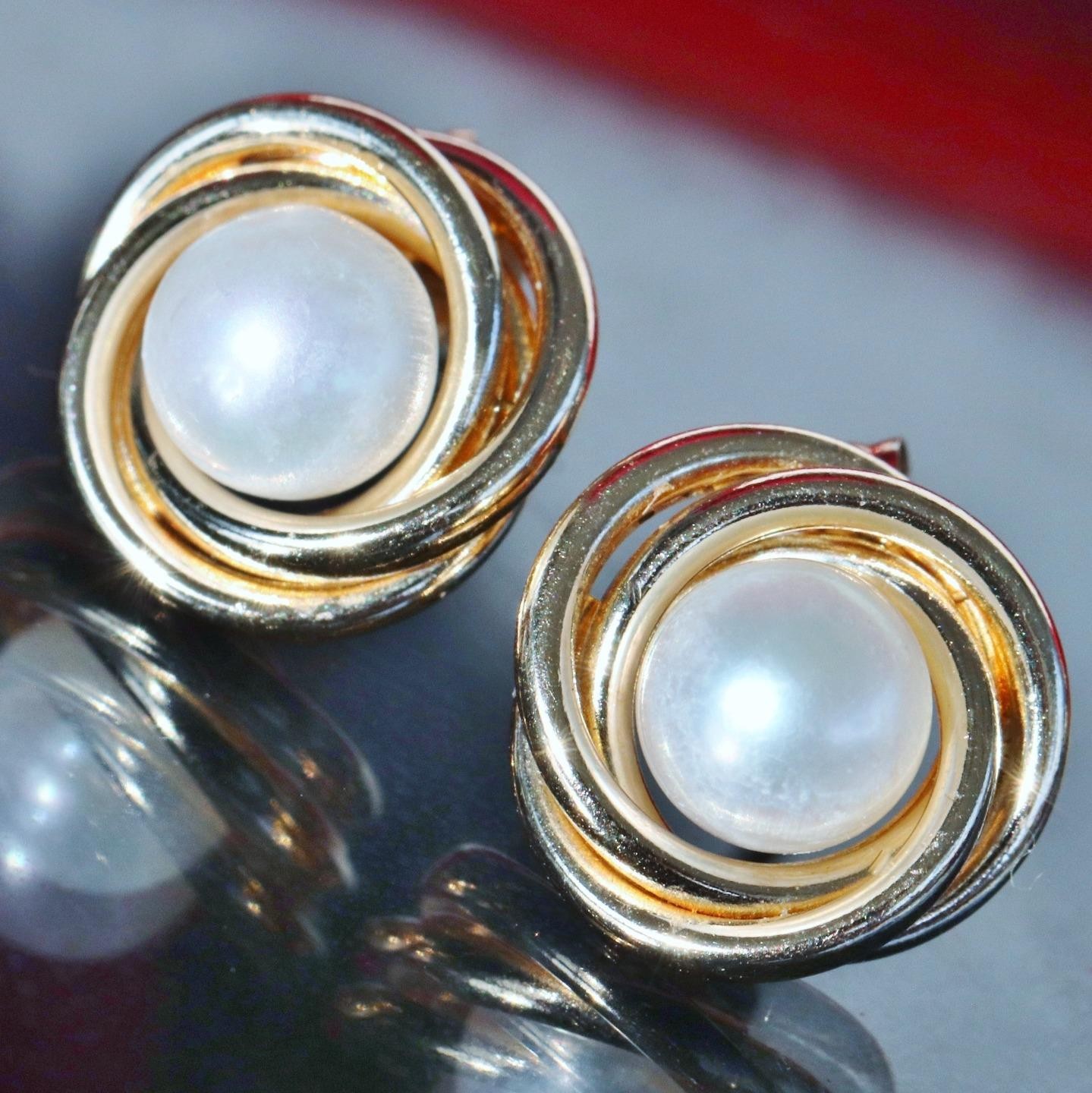 14k yellow gold earrings 5.3mm cultured freshwater pearl swirl stud 1.5gr N3011k