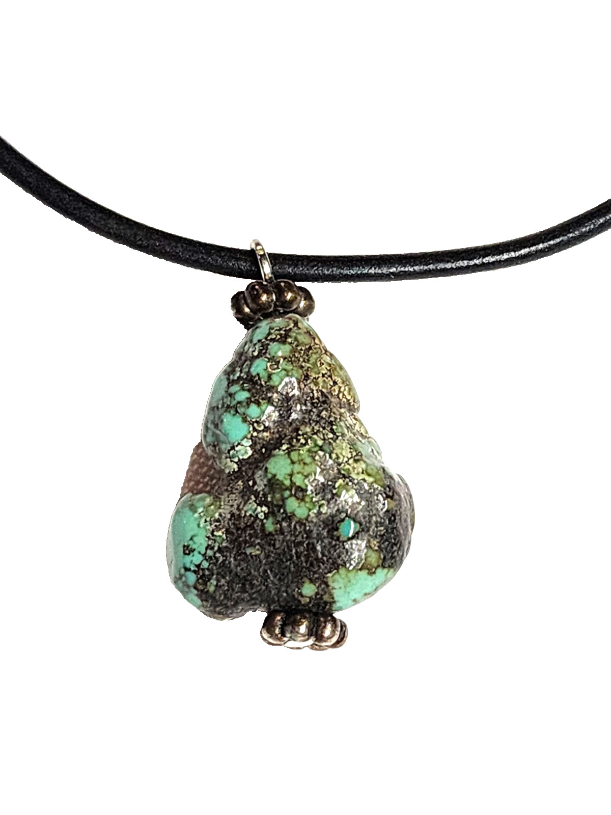Vintage Natural South-Western Turquoise Bead Pendant Necklace 19″ Black Cord