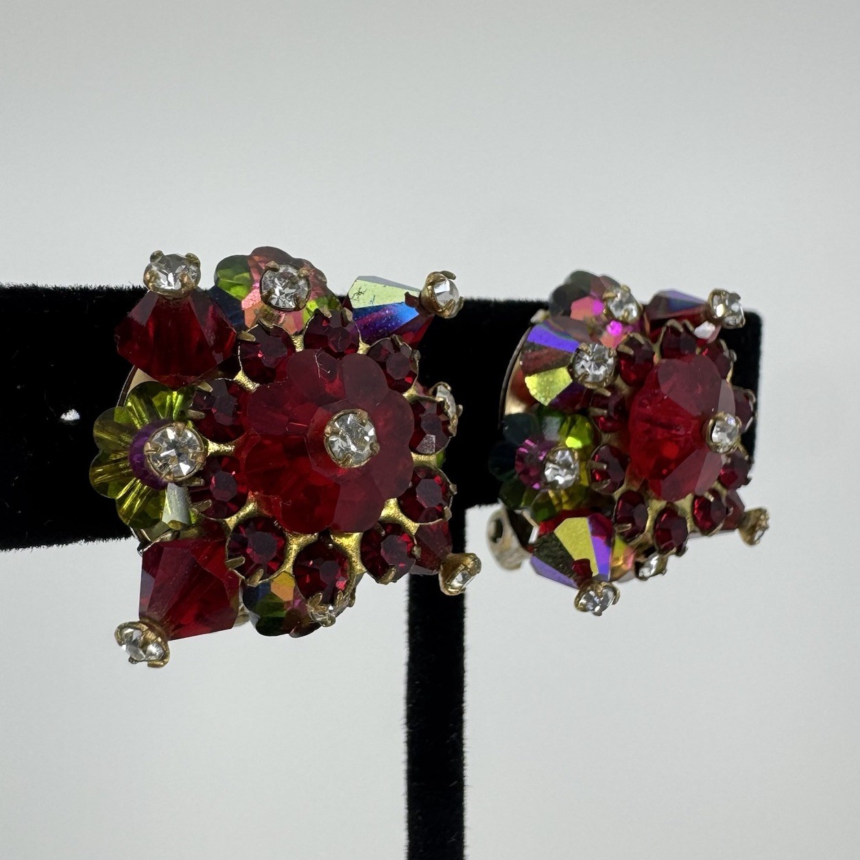 Vintage AB Red & Watermelon Rhinestone & Crystal Beaded Clip On Earrings