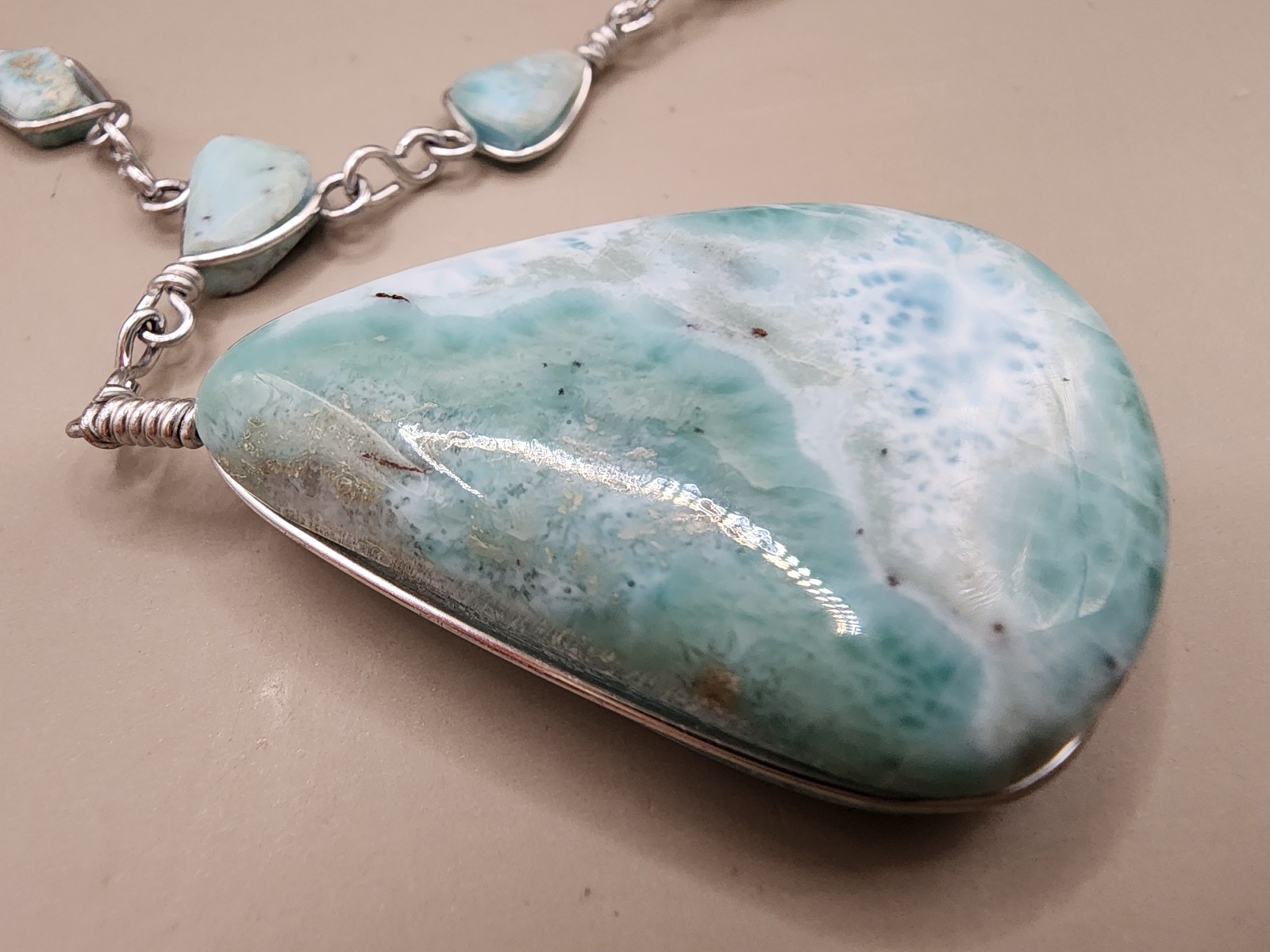 Massive Natural Larimar Teardrop Pendant Necklace Wire Wrapped Freeform Links